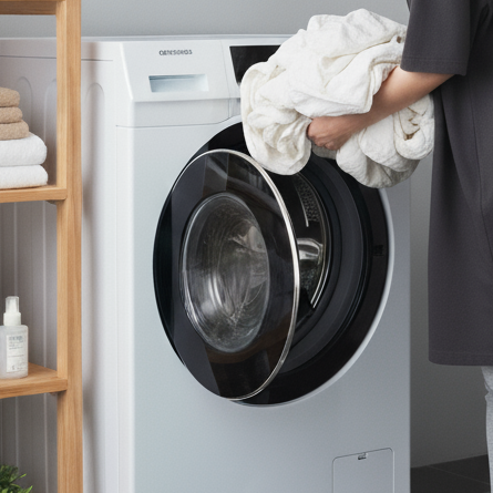 ダブルサイズの毛布をドラム式洗濯機に入れようとしている女性