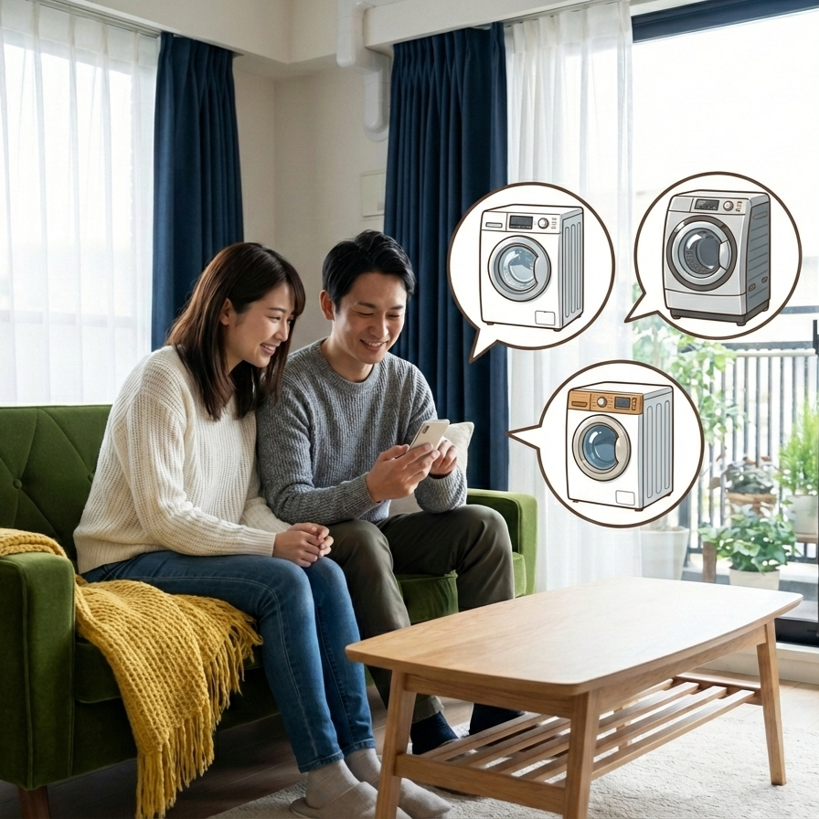 どこでドラム式洗濯機を買うか相談する同棲中のカップル