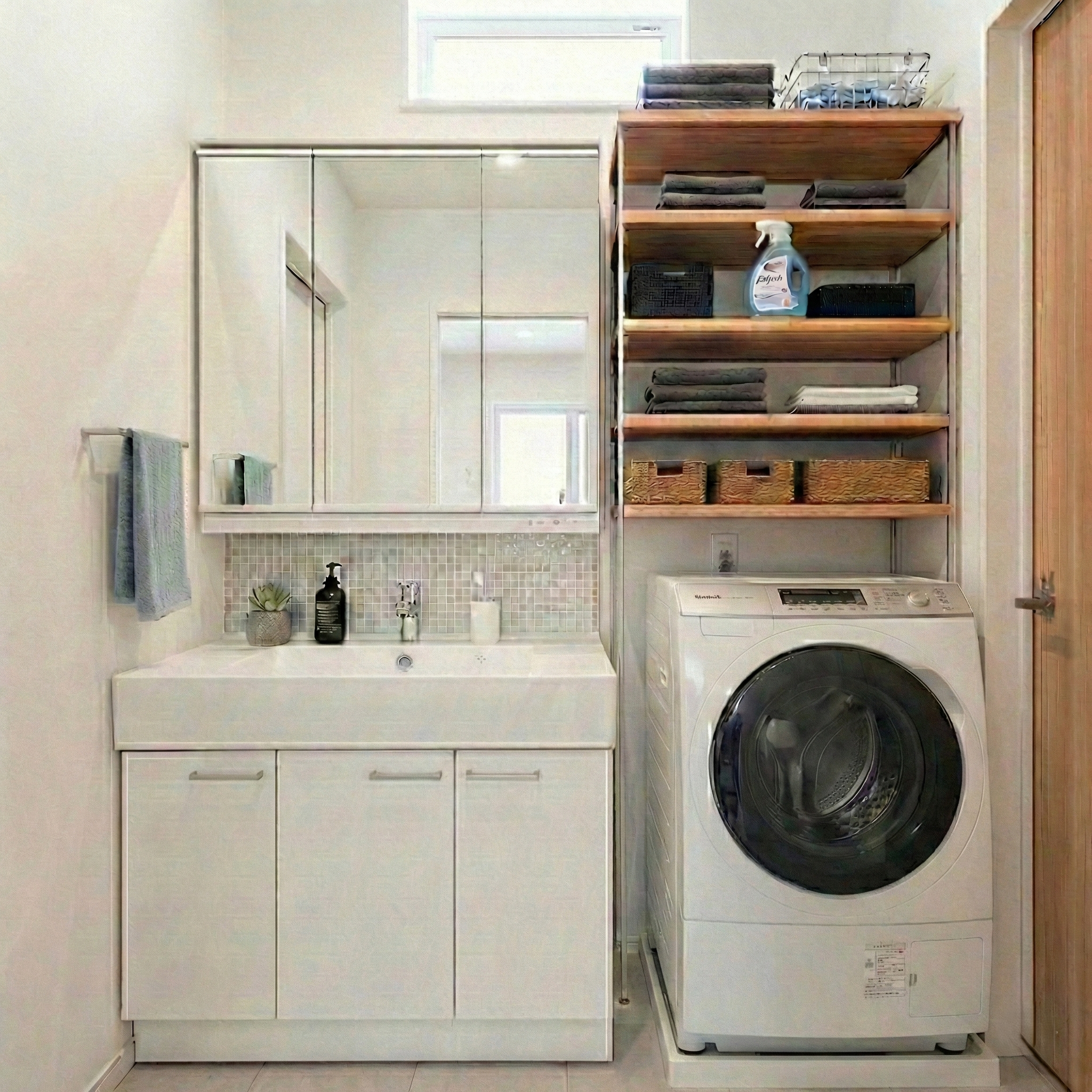 ドラム式洗濯機はサイズが大きく設置が大変なドラム式洗濯機が置かれたランドリースペース