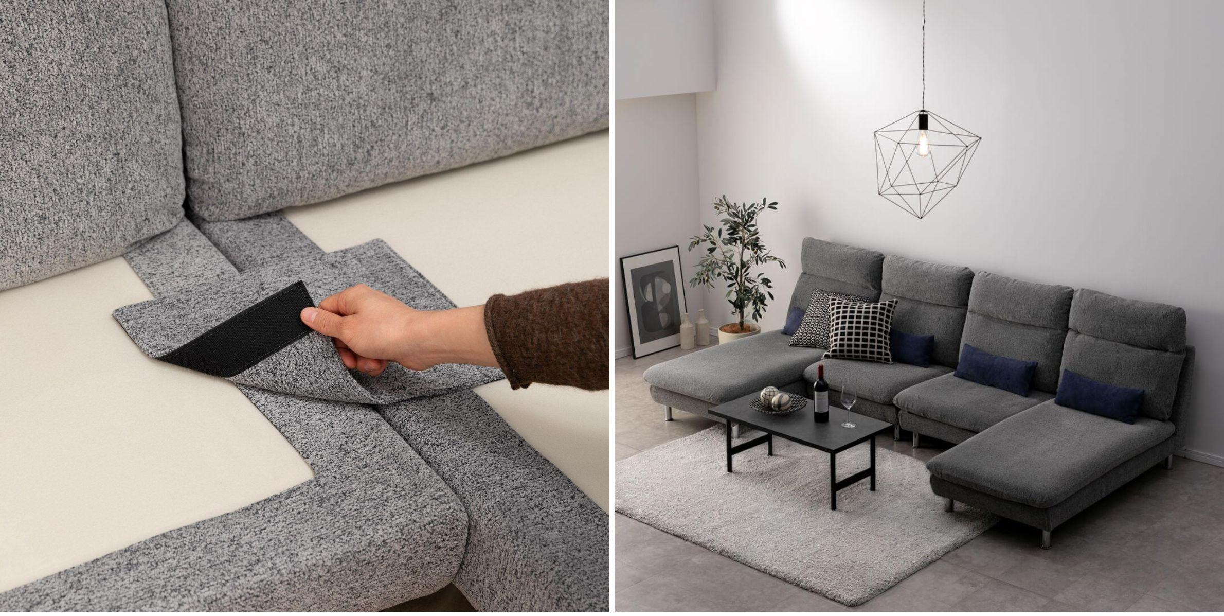 パノラマ ソファ ハイタイプの連結できるマジックテープと、連結できたソファ