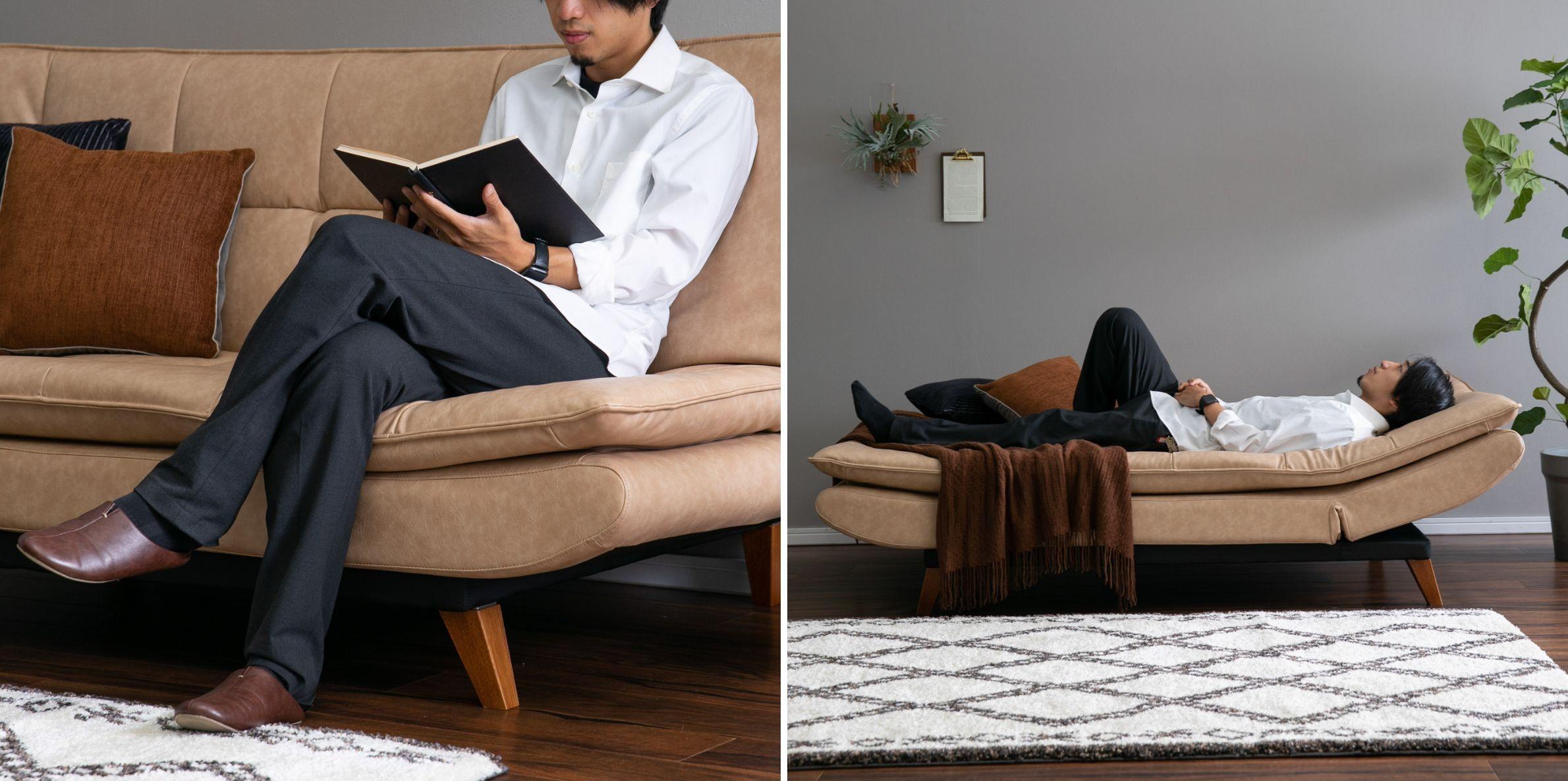 RELAX FORM ノキア ソファベッド の座り心地を試す男性と、リクライニングで寝転がる男性の様子