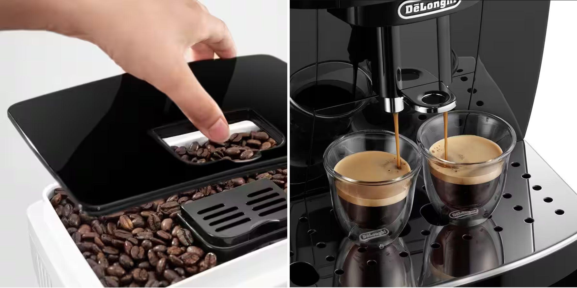 De’Longhi（デロンギ)　マグニフィカS 全自動コーヒーマシンのコーヒー豆を入れるところと、エスプレッソが入る様子