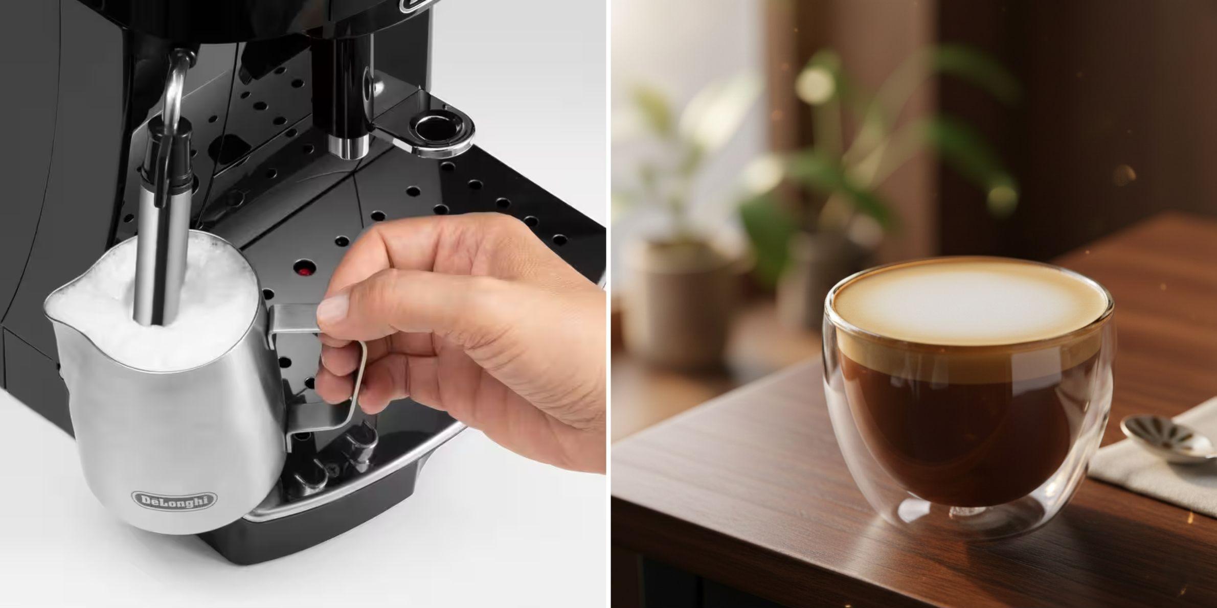 De’Longhi（デロンギ)　マグニフィカS 全自動コーヒーマシンでミルクフォームを作る様子と、カフェラテ