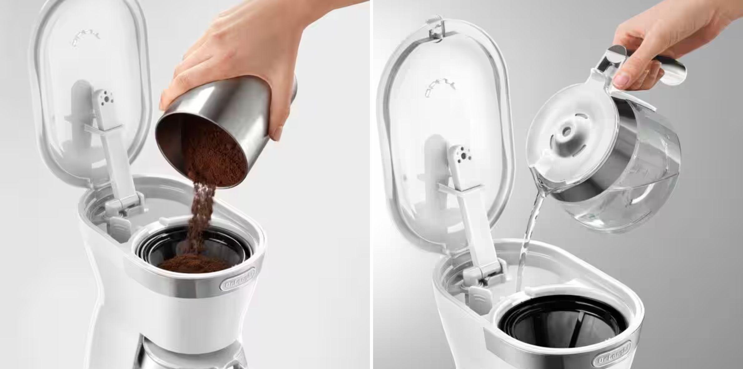De’Longhi（デロンギ）　アクティブシリーズ ドリップコーヒーメーカーのコーヒーの粉を入れる様子と、水を入れる様子