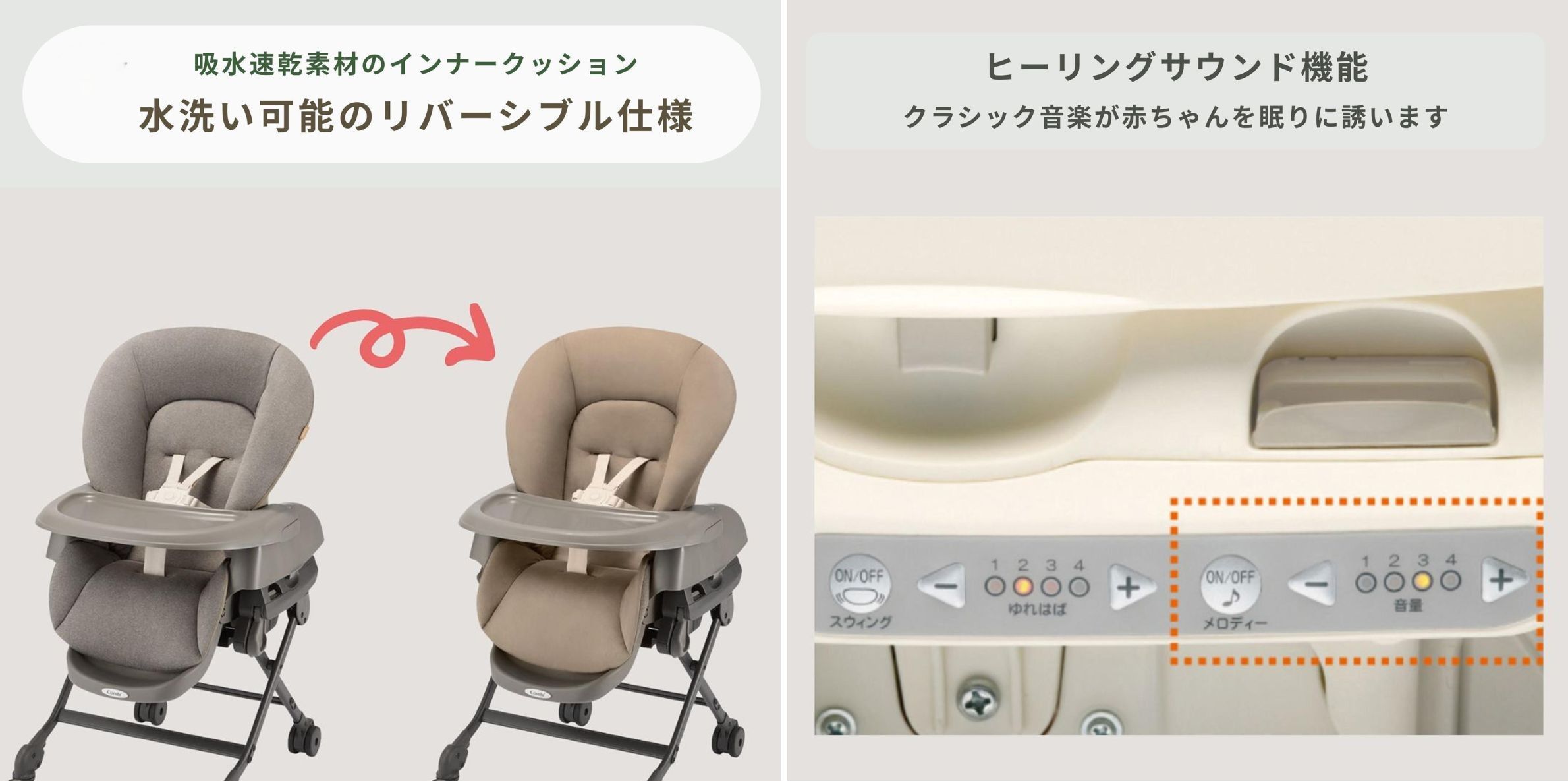 ネムリラ 電動タイプ AUTO DRモデルの水洗いできるリバーシブルシートと、赤ちゃんを寝かしつけるヒーリングサウンドのコントロールパネル