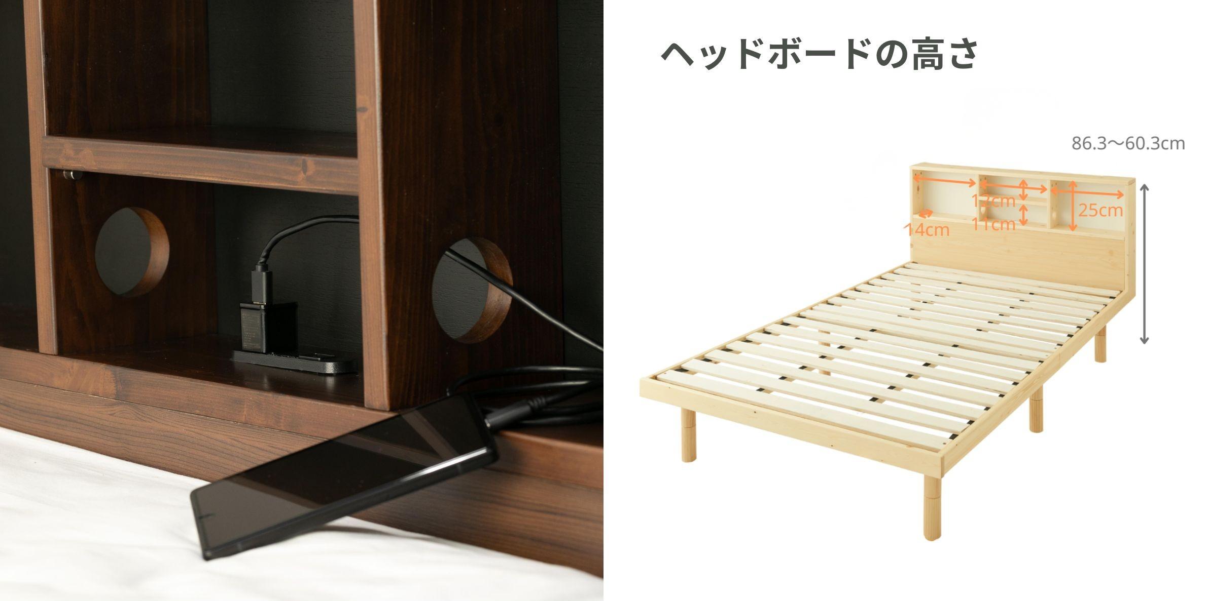 ミッシェル ベッドフレームのヘッドボード収納とコンセントのアップと、ヘッドボードの高さ