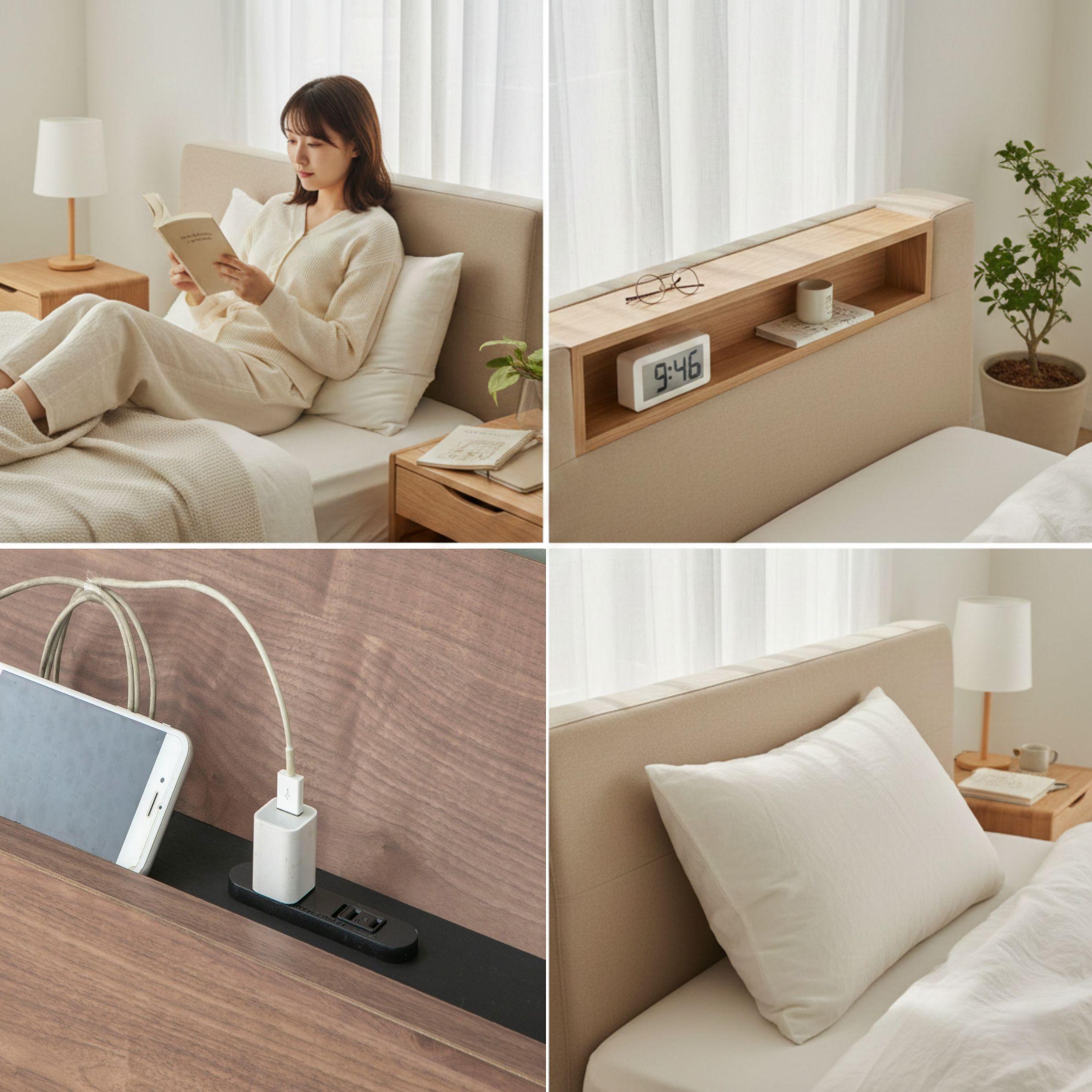 ヘッドボードの役割（寄りかかれる・ものが置ける・コンセント付き・枕の落下防止の様子）