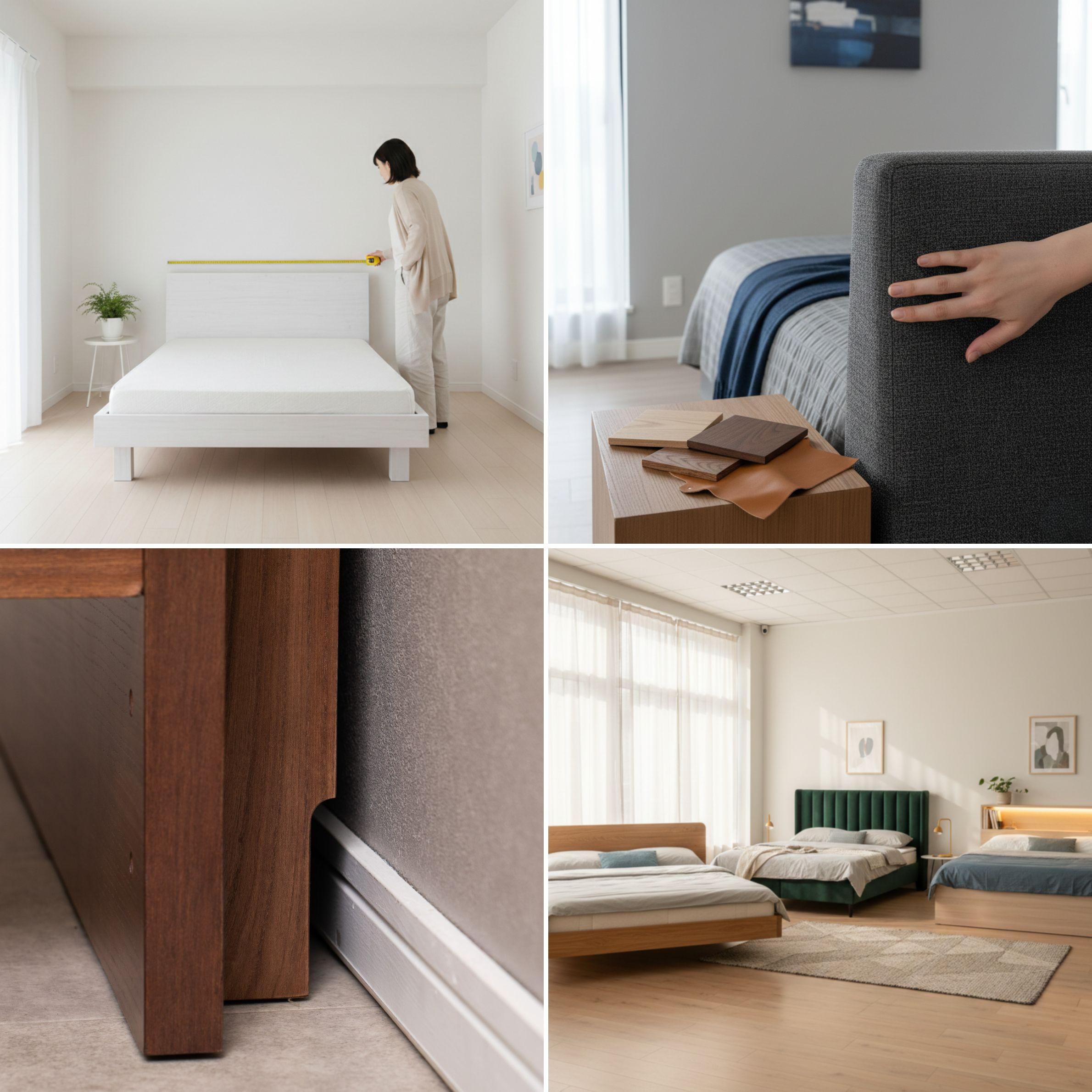 ベッドのレイズを測る女性・ヘッドボードの素材・巾木をよけるベッドフレーム・さまざまなサイズや素材のヘッドボード付きベッド