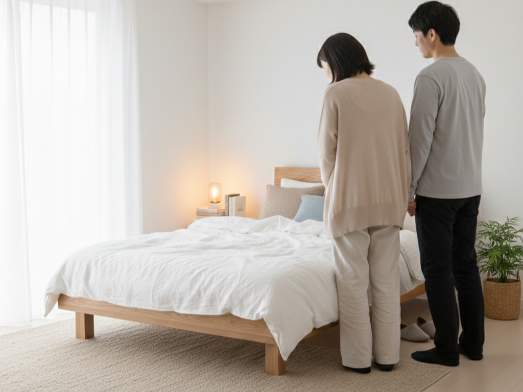 家具のレンタル・サブスククラスでヘッドボード付きベッドを試してみている夫婦