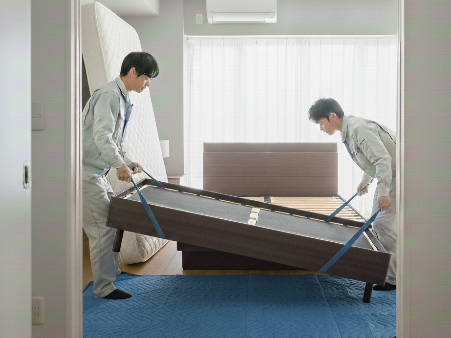 家具のレンタル・サブスククラスでヘッドボード付きのベッドに借り換え、業者に運んでもらう様子