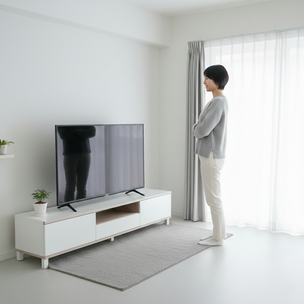 家電のレンタル・サブスククラスでソニーのテレビブラビアをレンタルして、サイズ感を試している女性