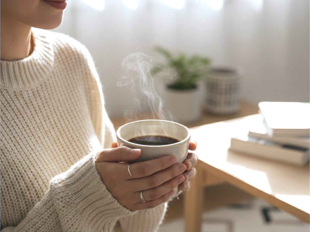ツインバードのコーヒーメーカーでいれたコーヒーを手にくつろぐ女性