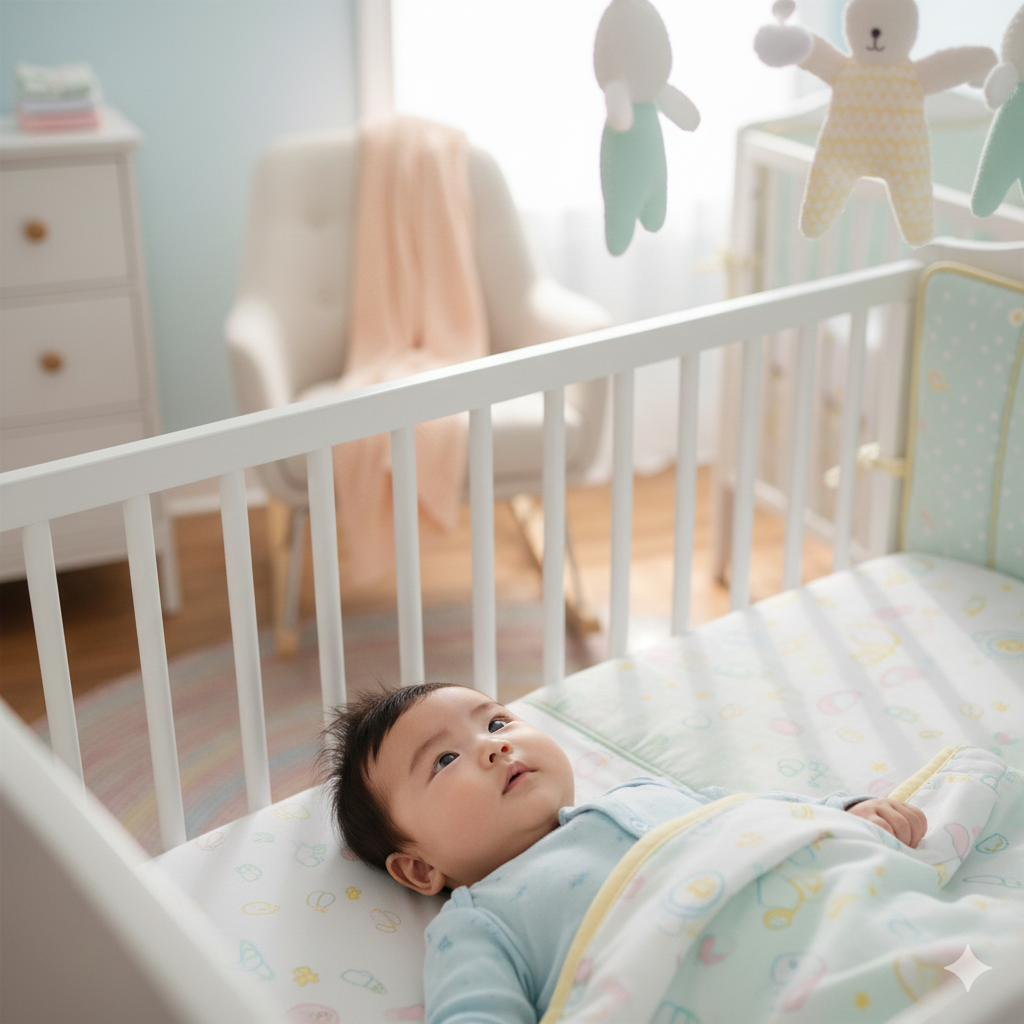 ベビーベッドの中でメリーをじっとみつめる赤ちゃん