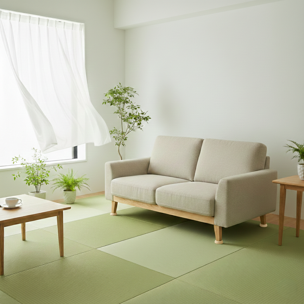畳に後をつけないよう脚にフェルトを付けたソファのある和室