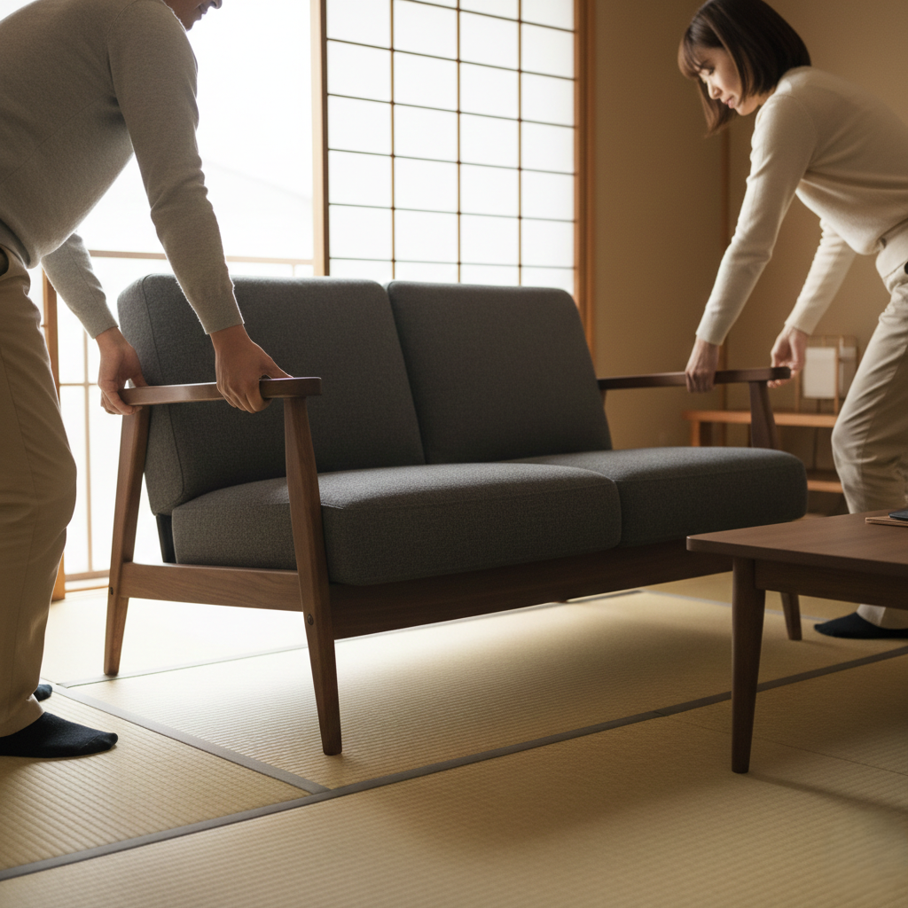 畳を痛めないようソファを移動させる夫婦