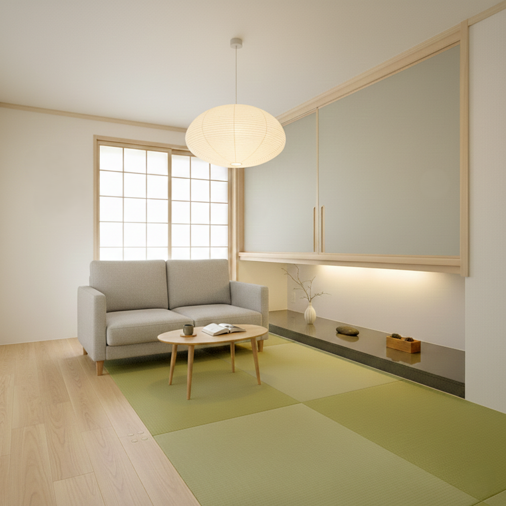 家具のレンタル・サブスククラスでレンタルしたソファをマンションの和室にソファを置いて試している様子