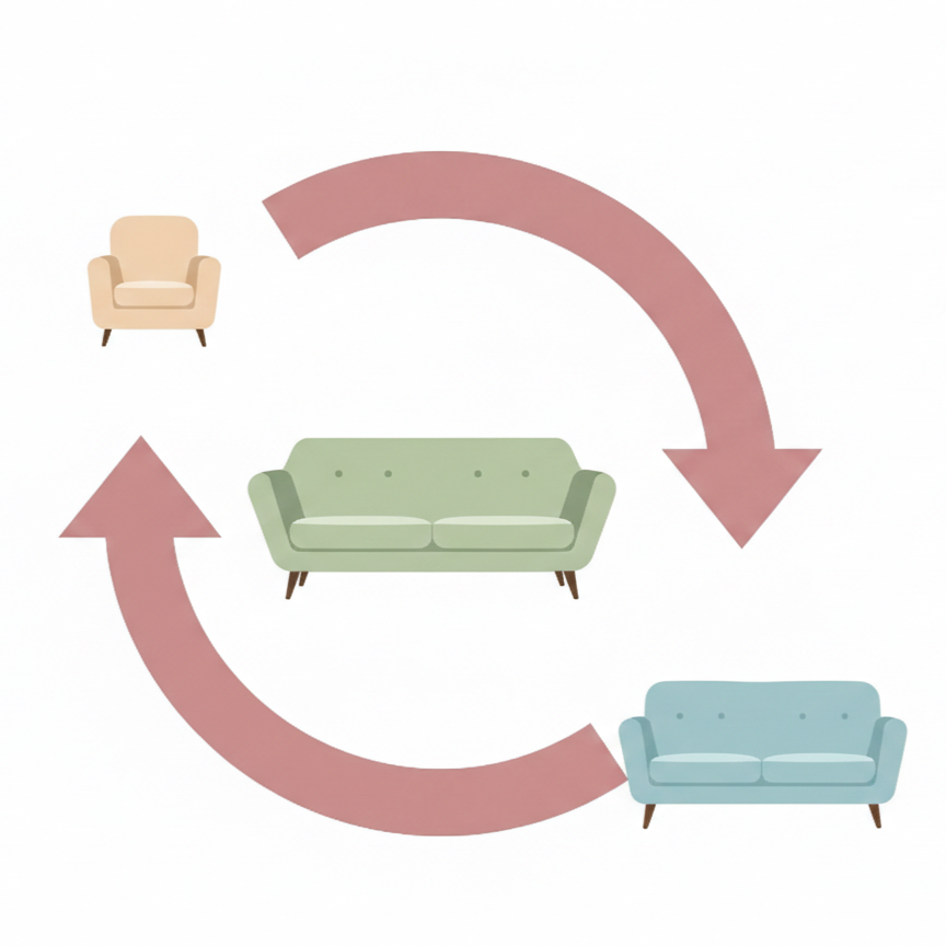 ライフステージに合わせて交換できる家具のレンタル・サブスククラスの説明図
