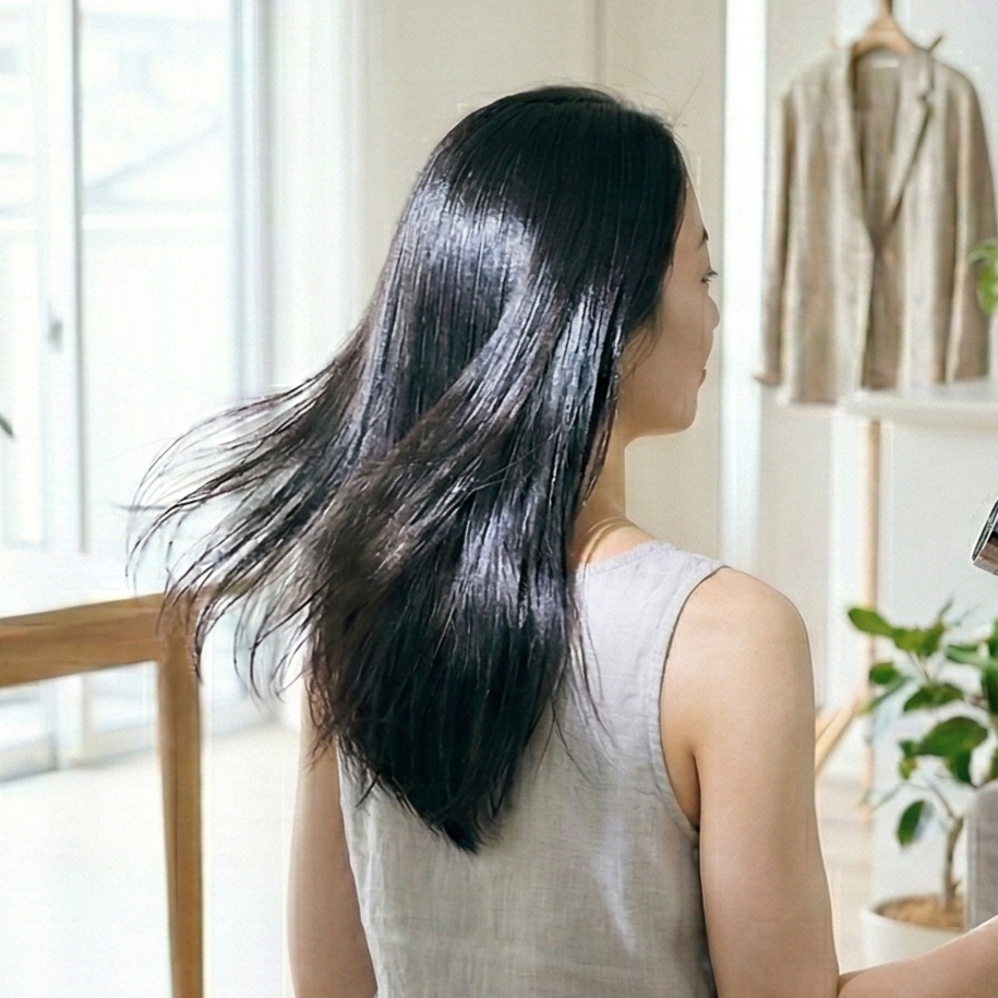 リファのドライヤーで髪を乾かす女性