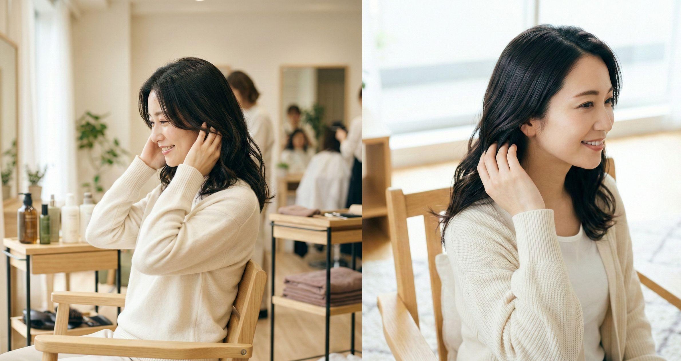 美容室の仕上がりを、家でも体験できて感動している女性