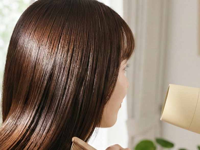 サロニアのドライヤーで乾かして髪がツヤツヤしている女性