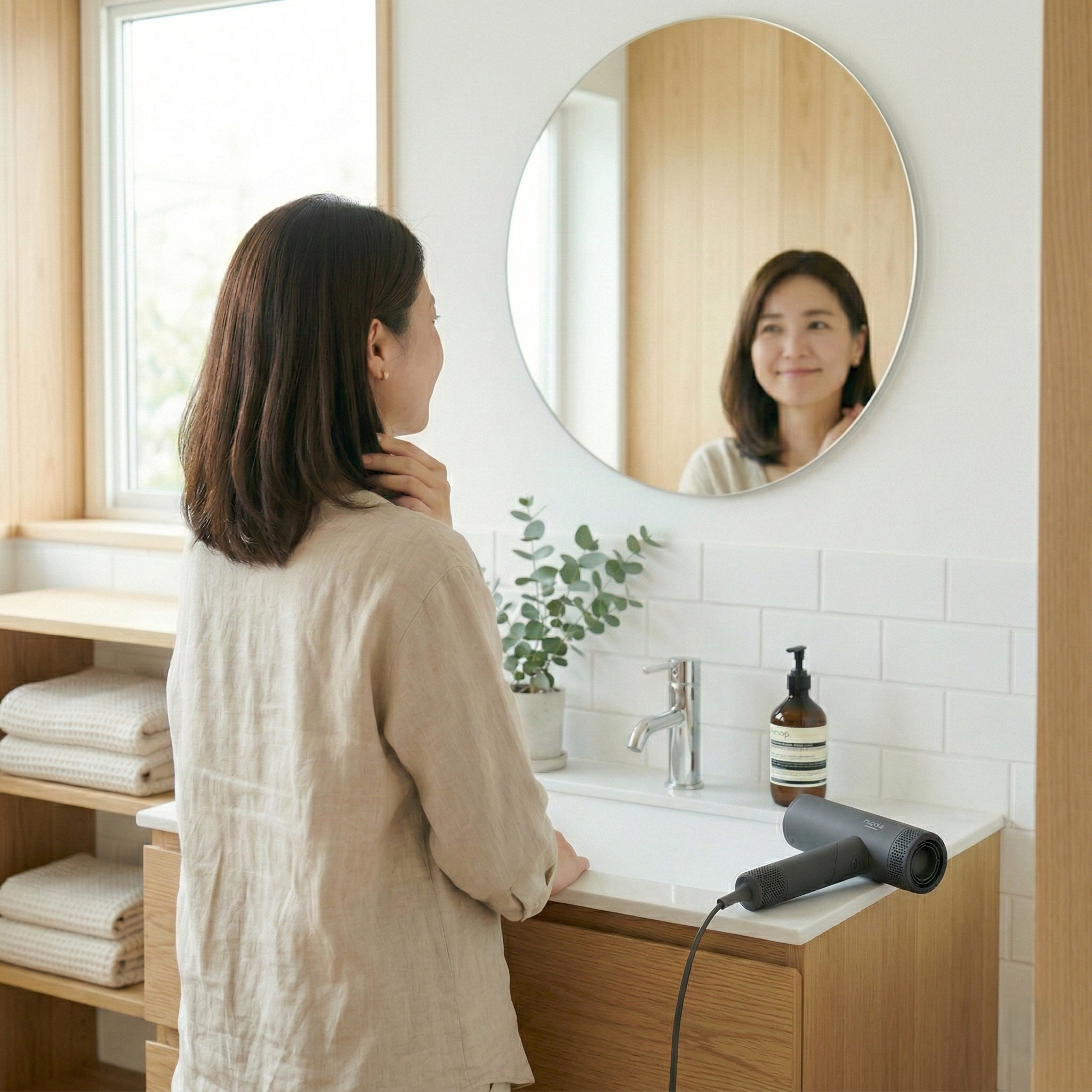 毎日のヘアドライがアイリスオーヤマのミコラ ドライヤーで快適になって満足している女性