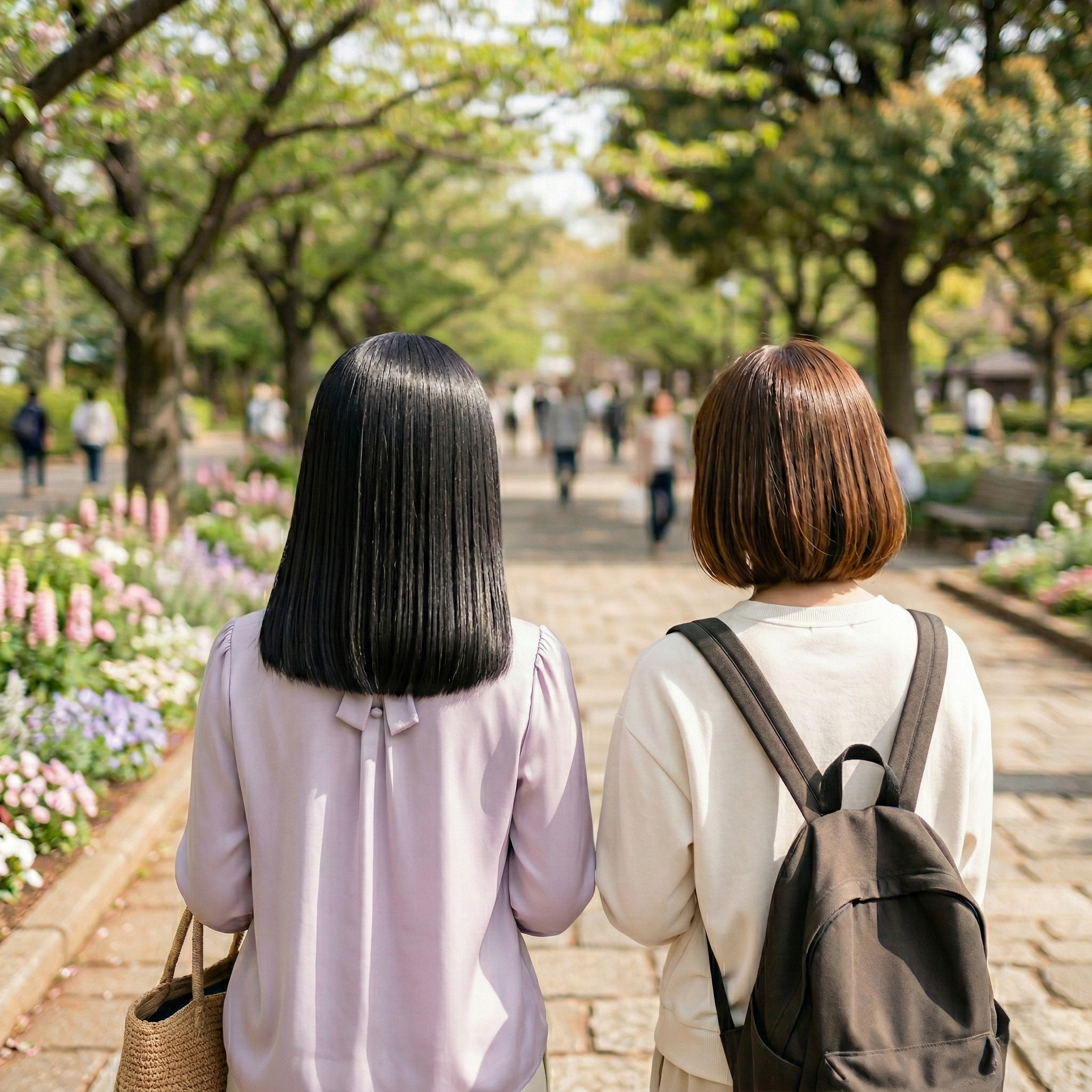 ストレートヘアアイロンでツヤツヤの髪になって歩く二人の女性