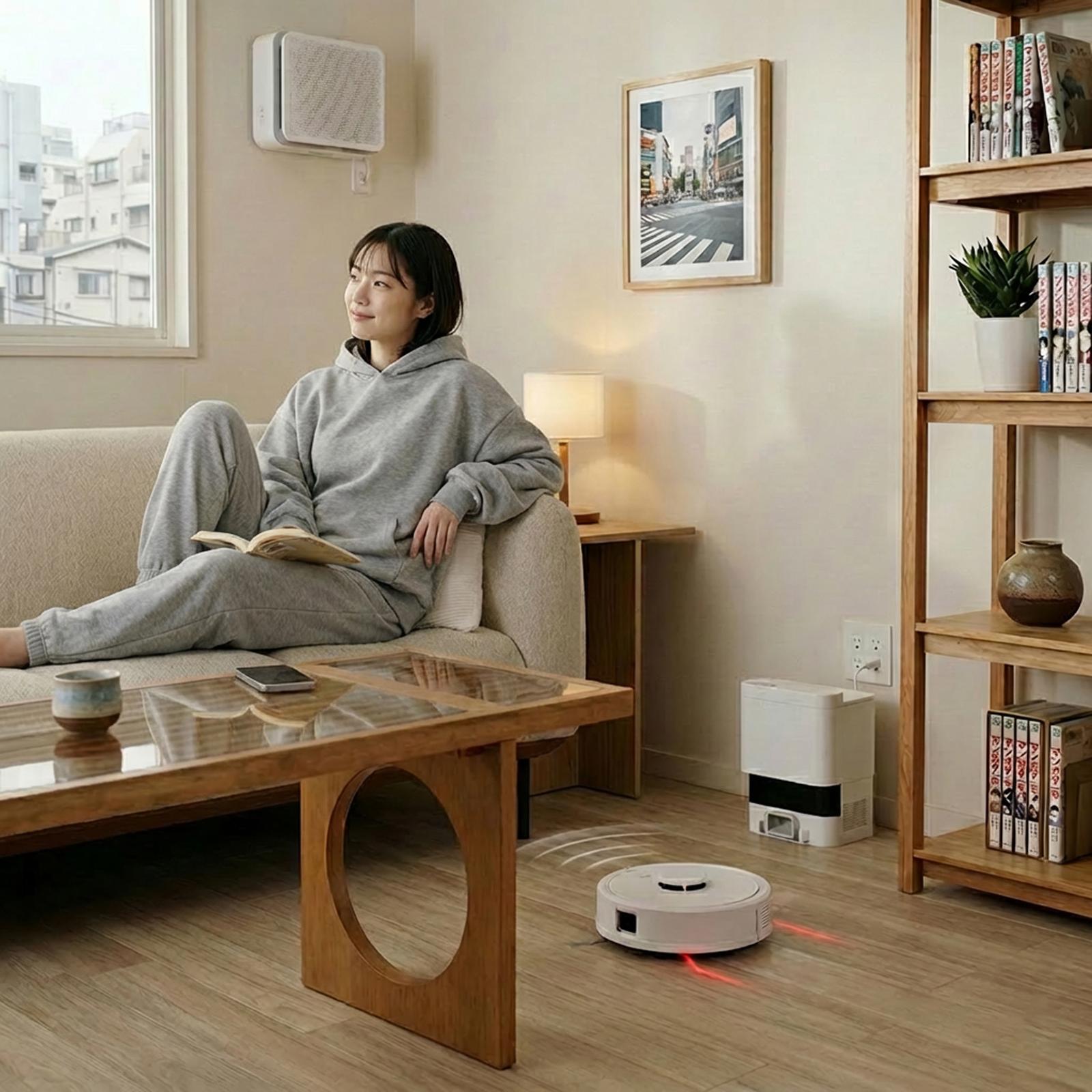 部屋の掃除をロボット掃除機にまかせて、くつろいでいる様子。