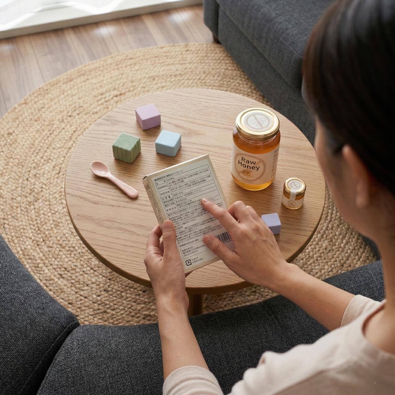 赤ちゃんのおやつの成分表を確認するお母さん