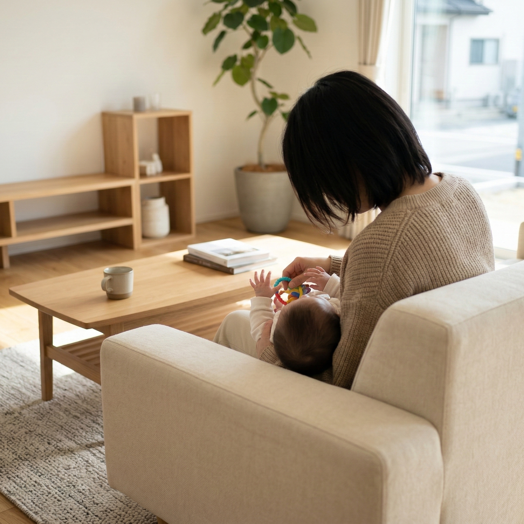 ナチュラルで明るいリビングのソファの上で赤ちゃんをあやすママ