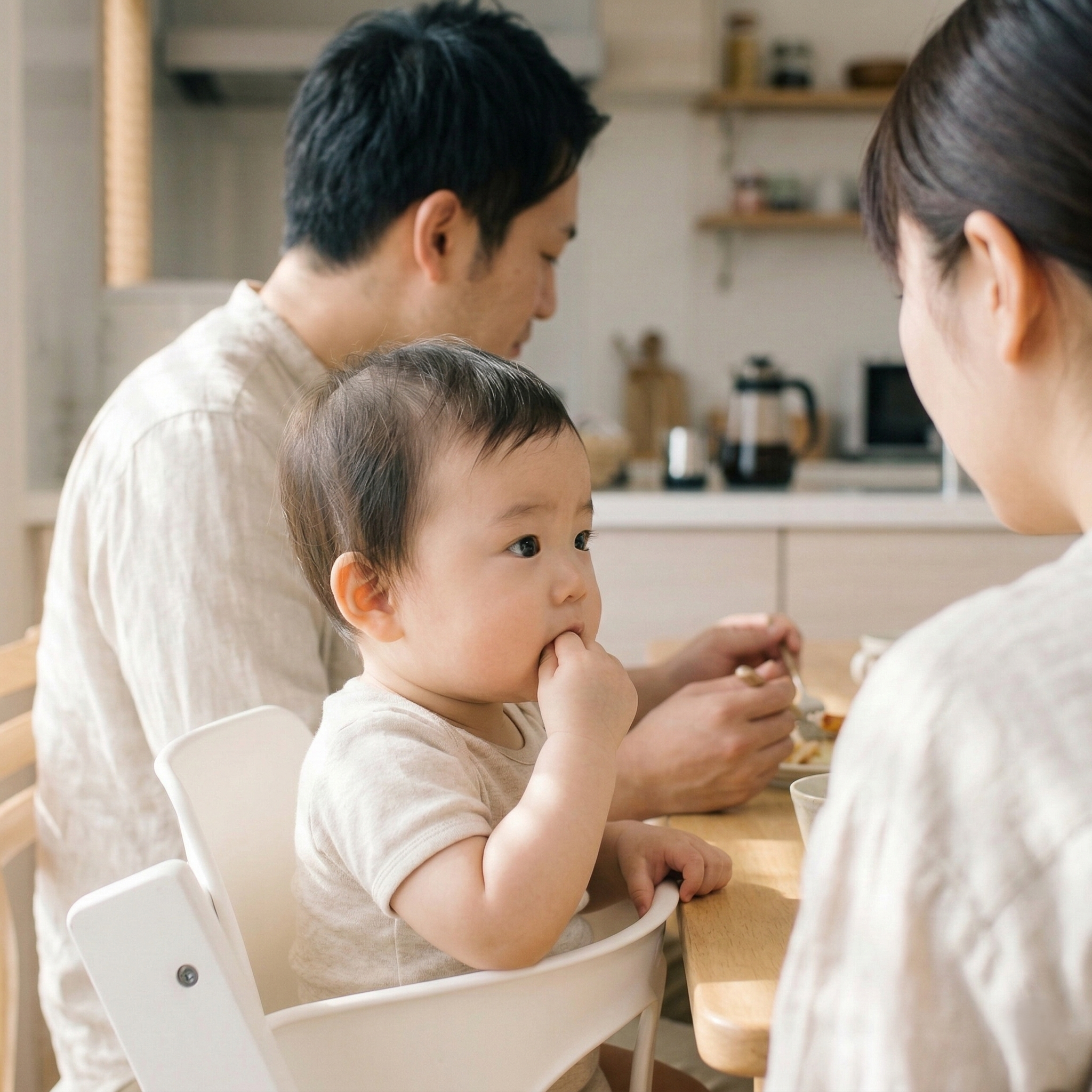 ご飯を食べるお母さんをじっと見ながら口をもぐもぐ動かす赤ちゃん