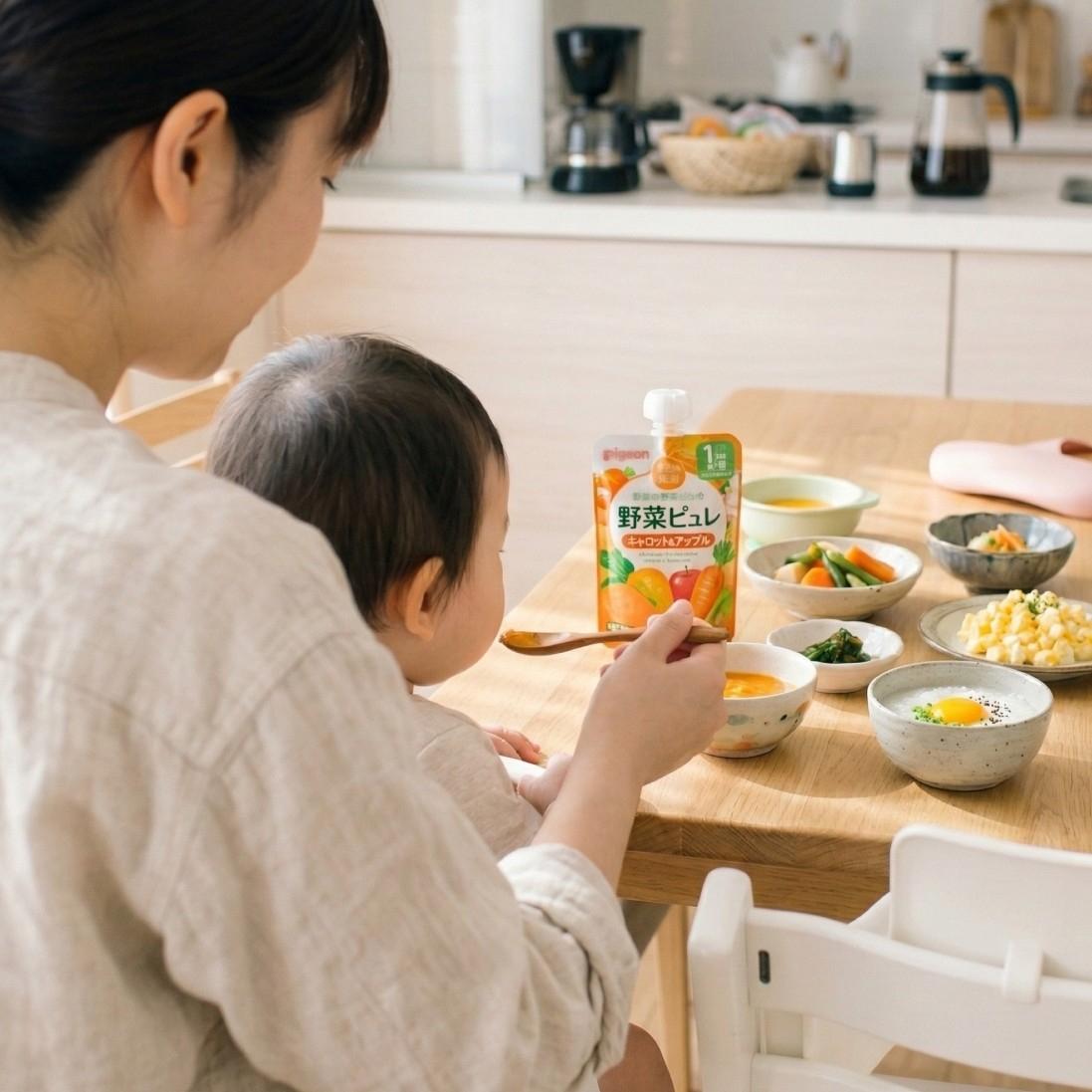 明るく清潔なダイニングで赤ちゃんにベビーフードの野菜を食べさせるママ