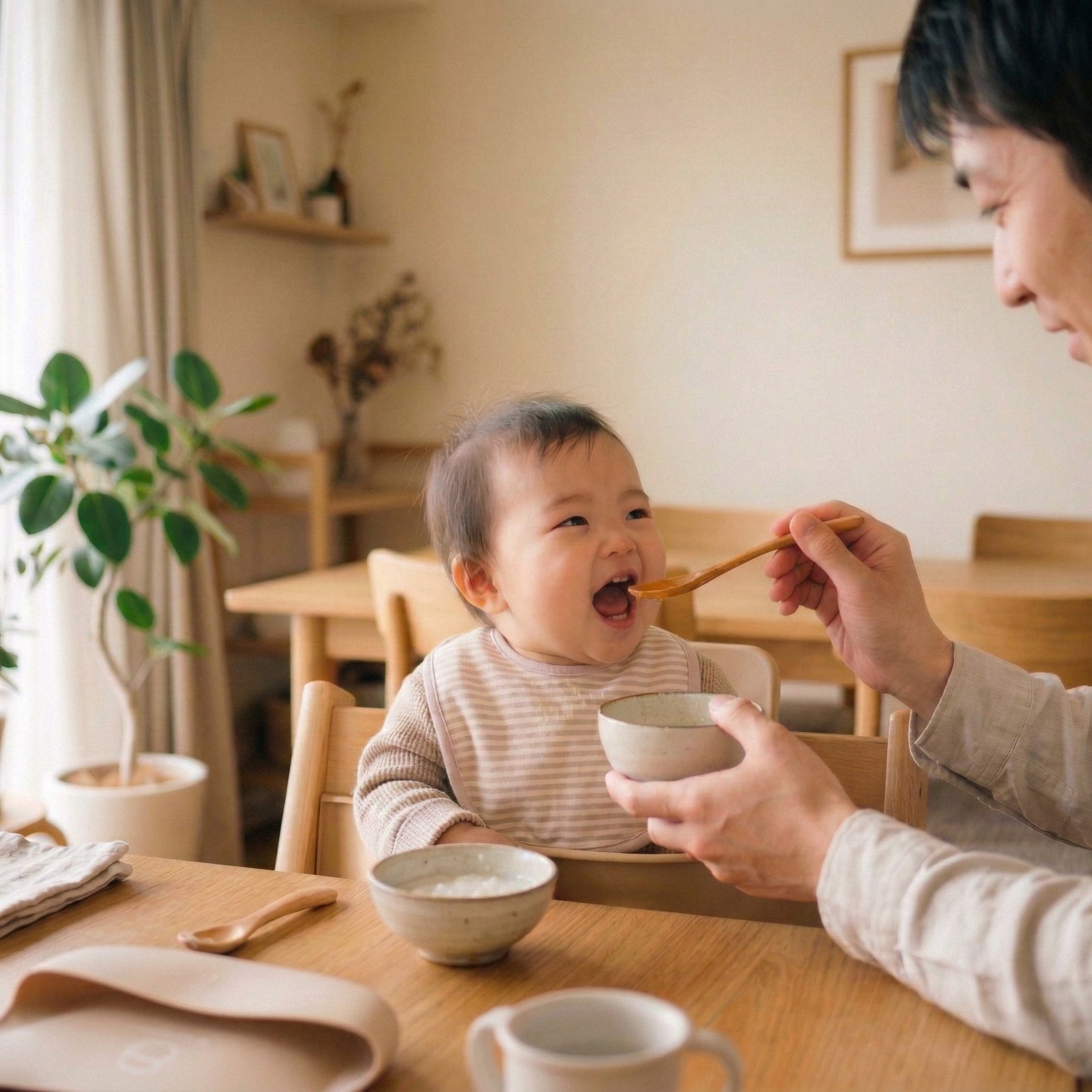 赤ちゃんに離乳食のにんじんペーストを食べさせるパパ