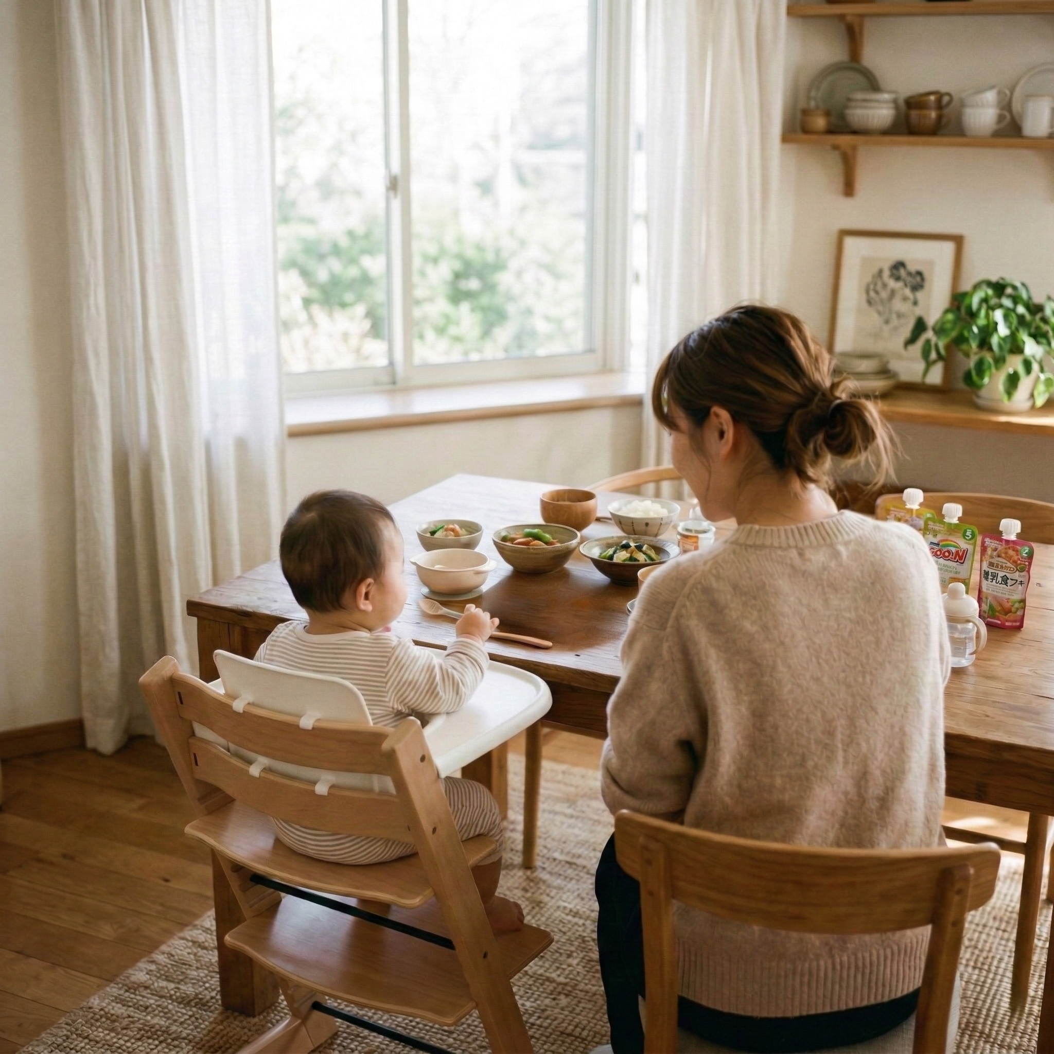離乳食を始めようとしているお母さんと赤ちゃんが食卓にいる様子
