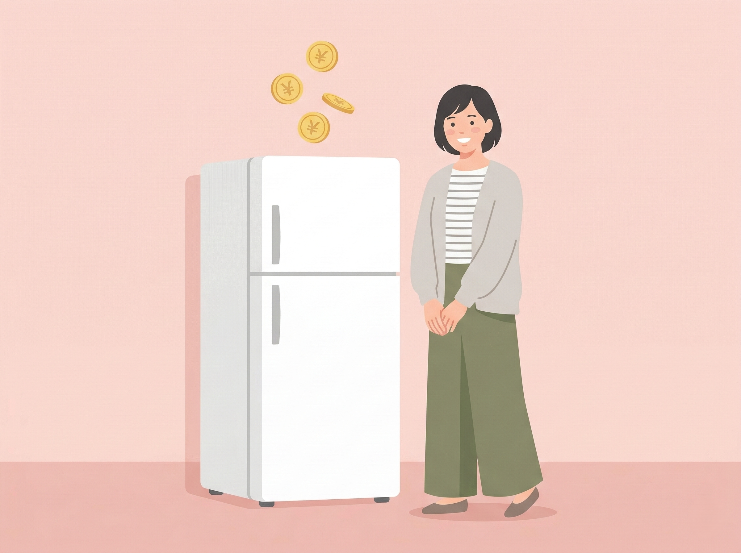 安い冷蔵庫を手に入れて満足する一人暮らしを始める女性