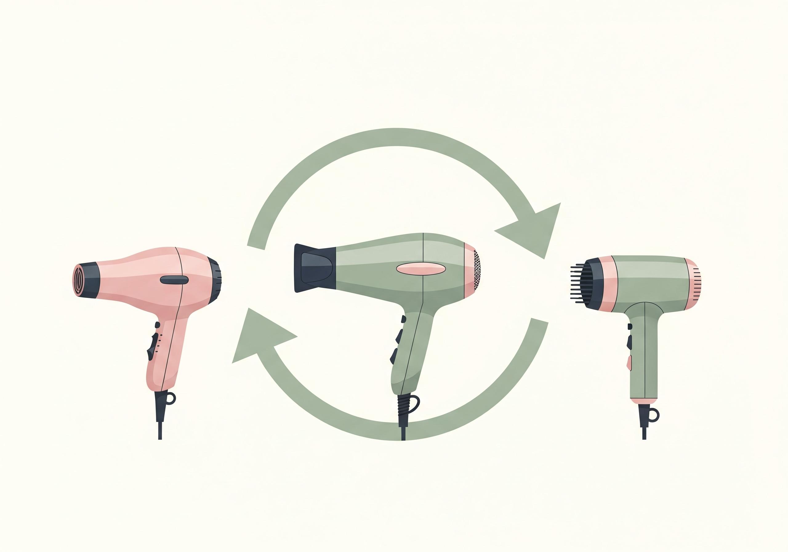 ほかのドライヤーも試せる家電のレンタル・サブスクCLASでドライヤーを借り換えるイメージ図