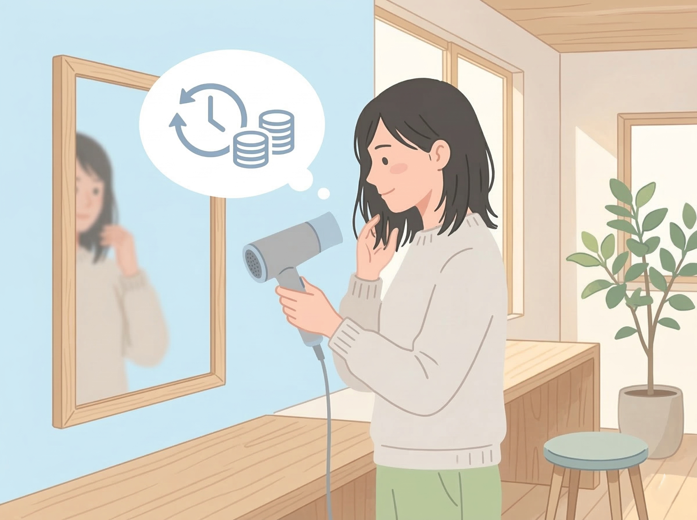家電のレンタル・サブスクCLASでお特にレンタルしたドライヤーを自宅で試す女性