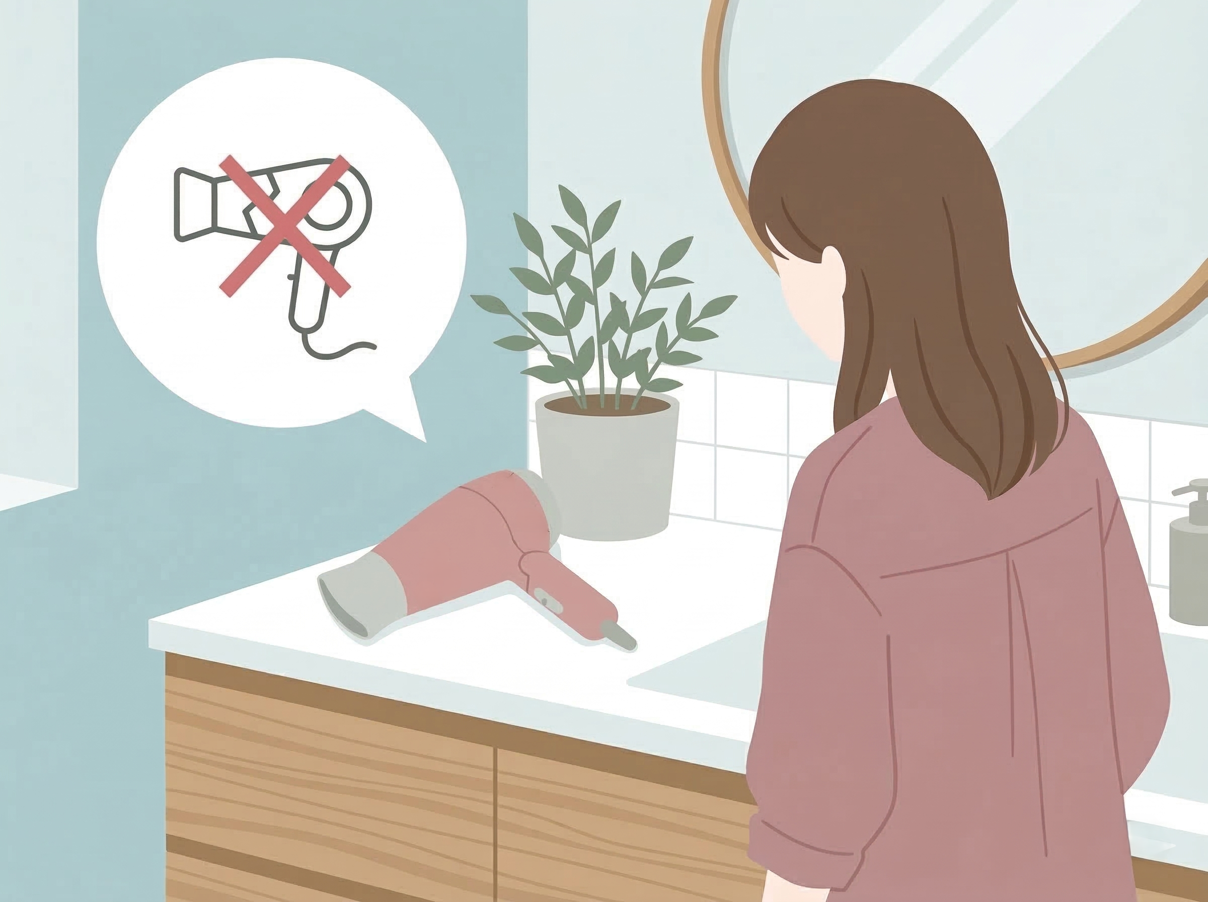 ドライヤーの故障を心配する女性