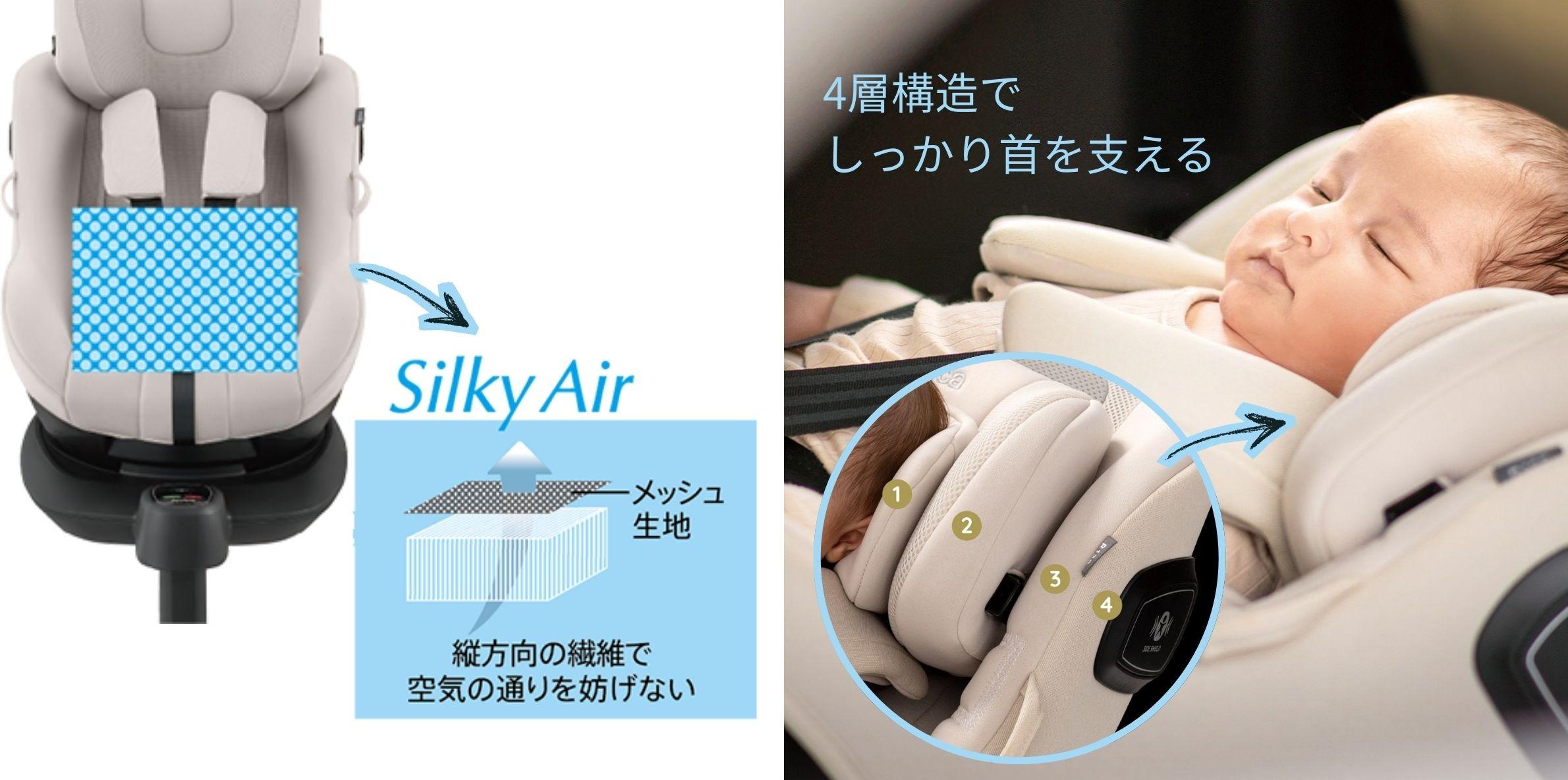 新生児から長く使えるチャイルドシート Aprica クルリラエックスプラス　(ABモデル) チャイルドシートの通気性と首を支えるサポート構造