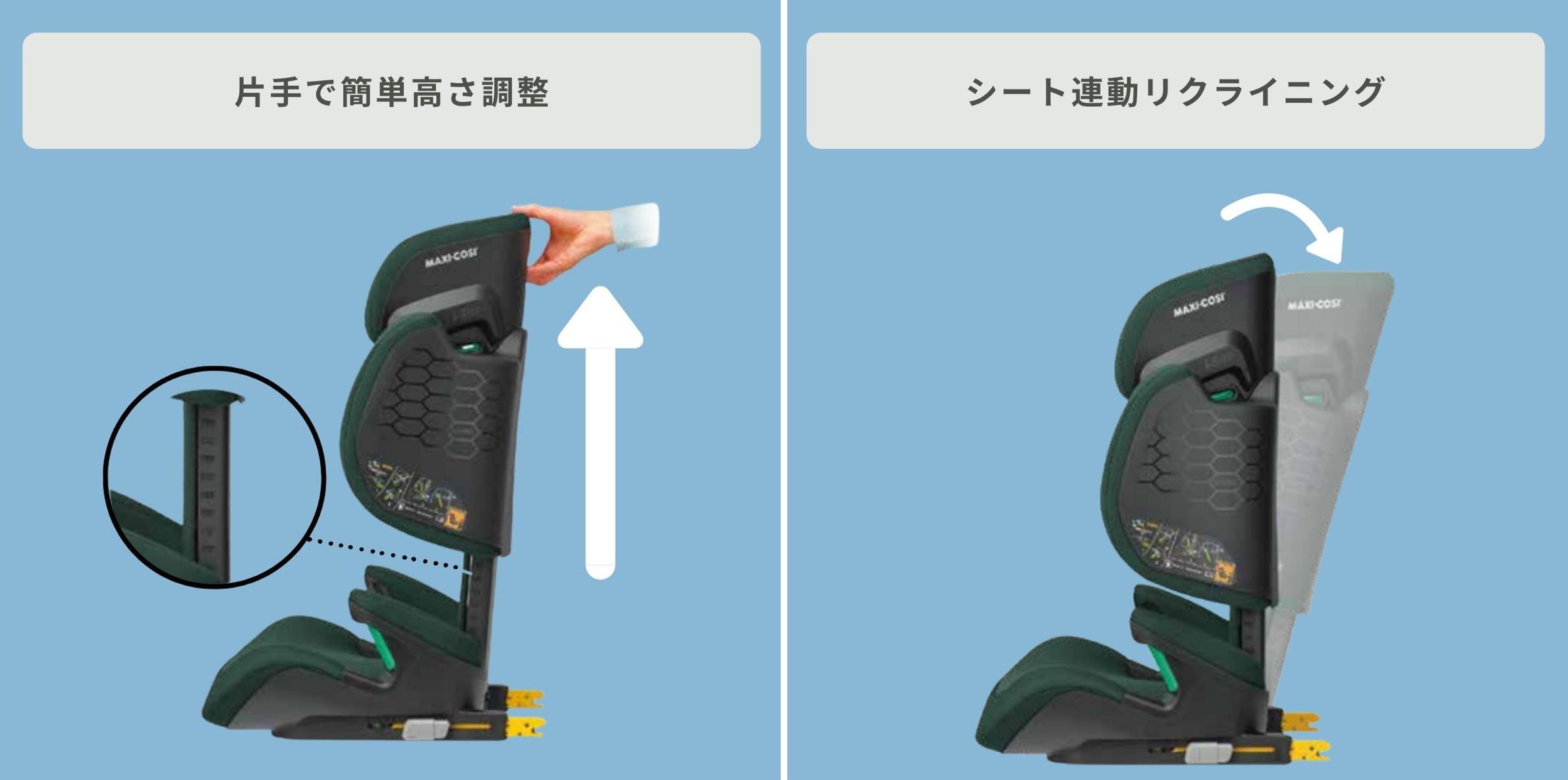 ロングユースのmaxi-cosi ジュニアシートの高さ調整とリクライニングの簡単操作の様子
