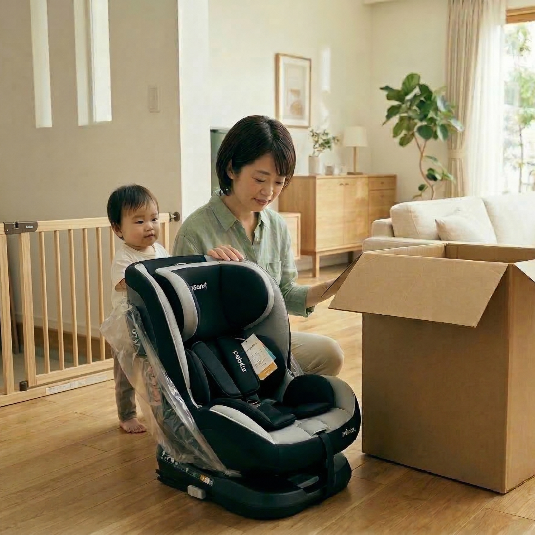 ベビー用品のレンタルサブスククラスで新品指定したチャイルドシートを確認する女性と赤ちゃん