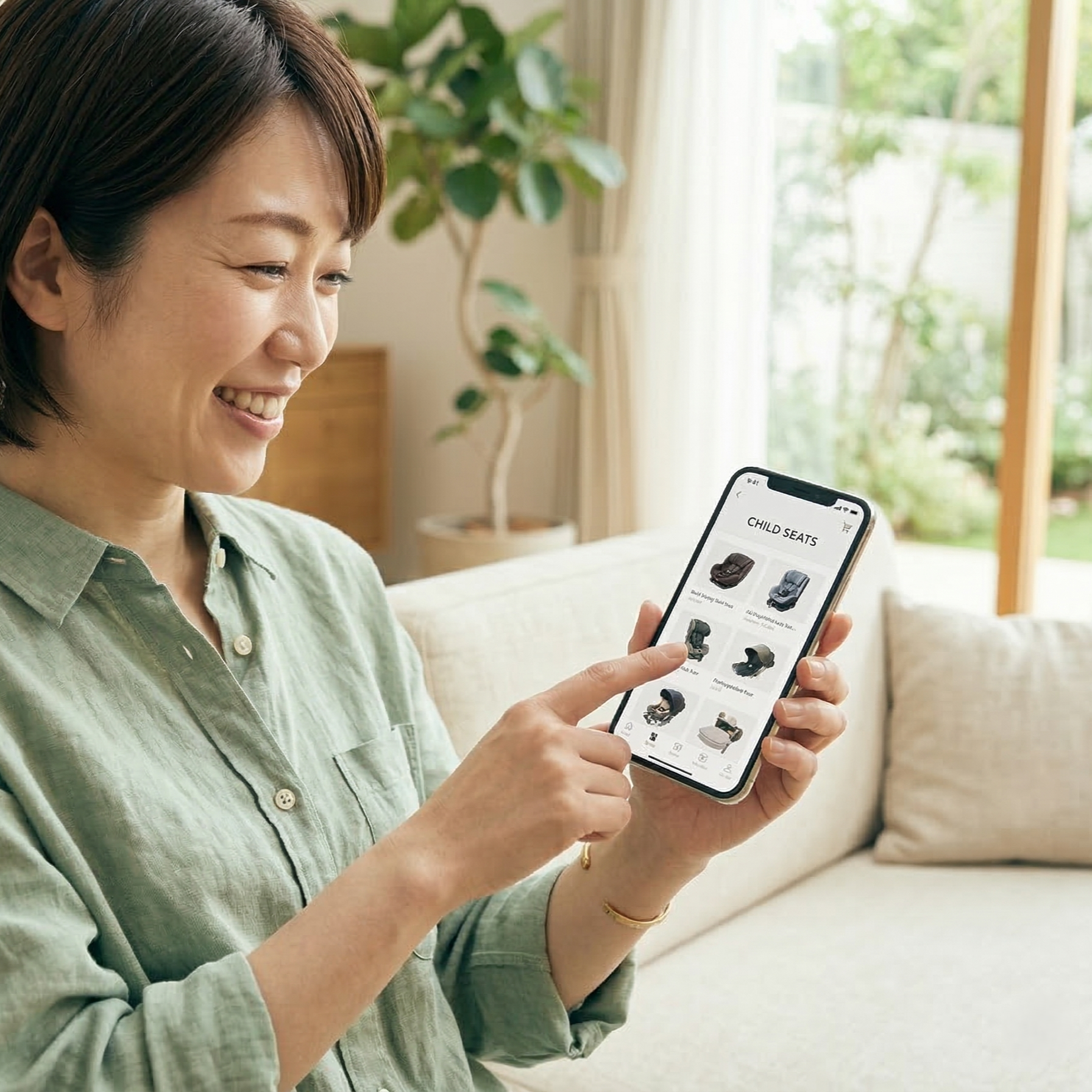 ほかの商品への借り換えもスマホで簡単にできるベビー用品のレンタルサブスククラスを利用する女性