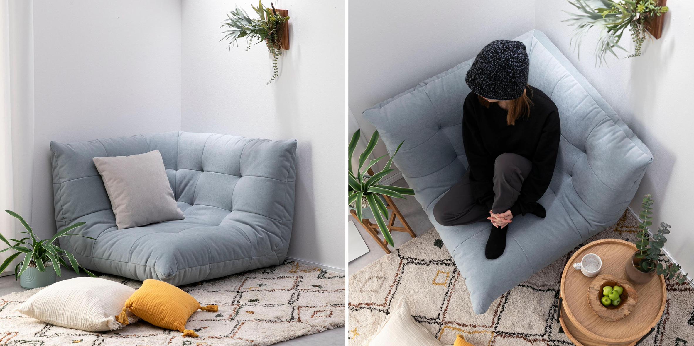 高密度で広さのある座面のため姿勢を変えやすく、身体が固まるのを防げるnora.｜プラリネ ソファ 1人掛け