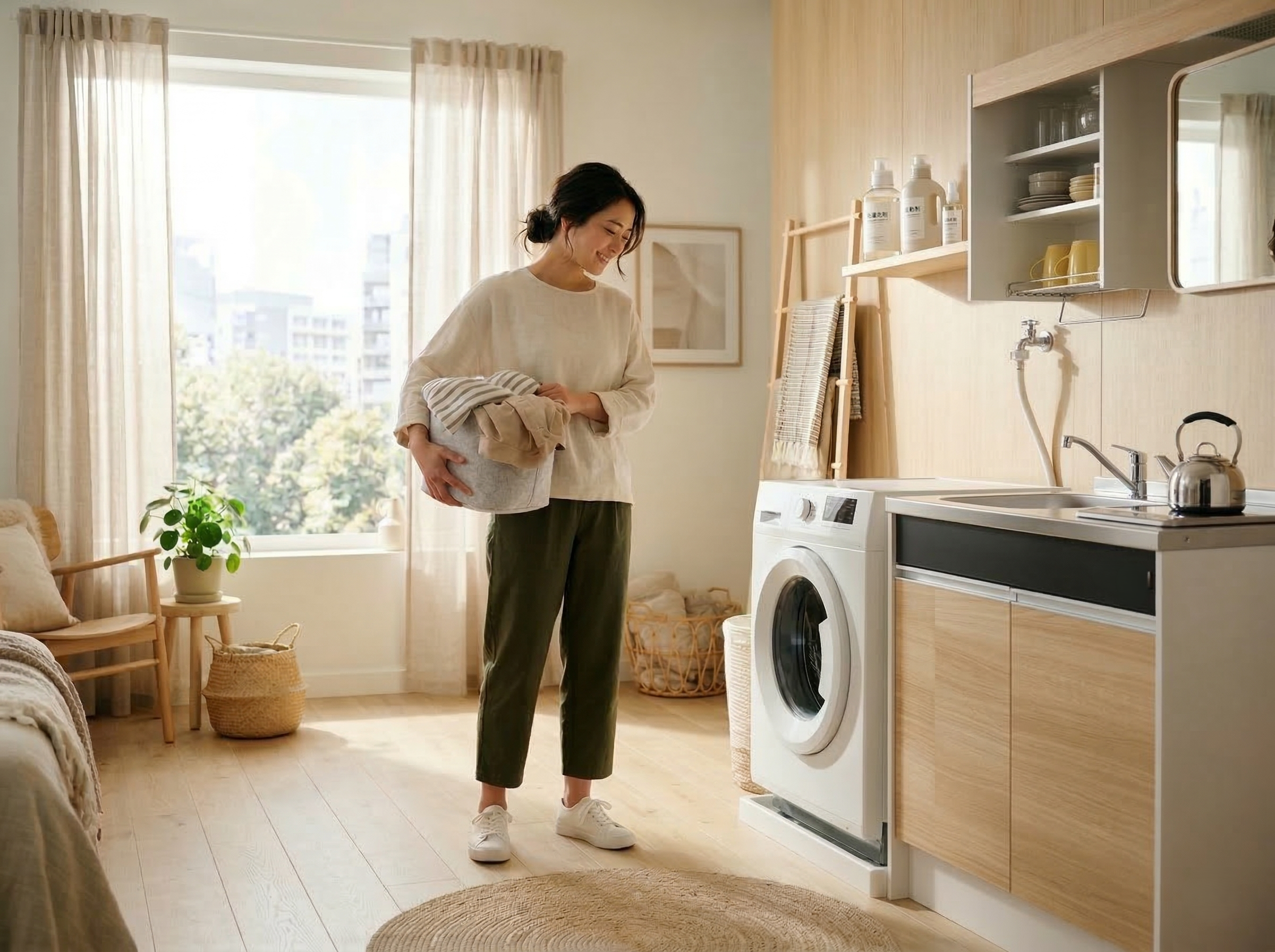 一人暮らしの洗濯機の値段が安い家電のレンタル・サブスクで洗濯機を借りた女性