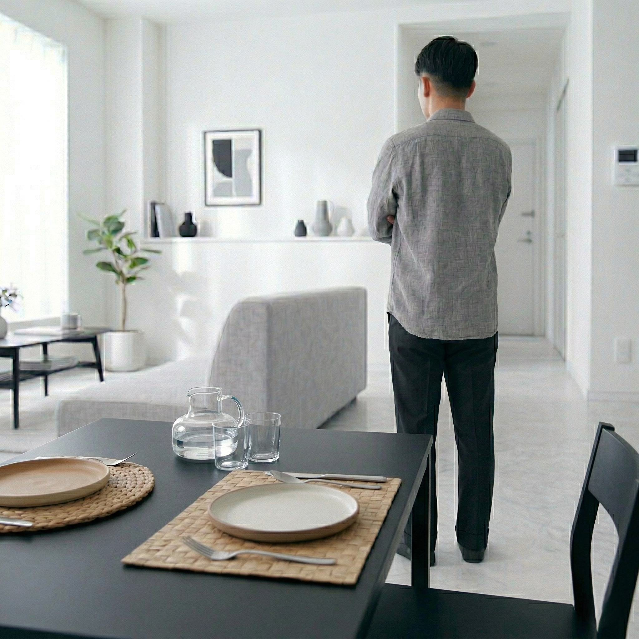 フロアソファが部屋に合うか自宅でじっくり「お試し」している男性