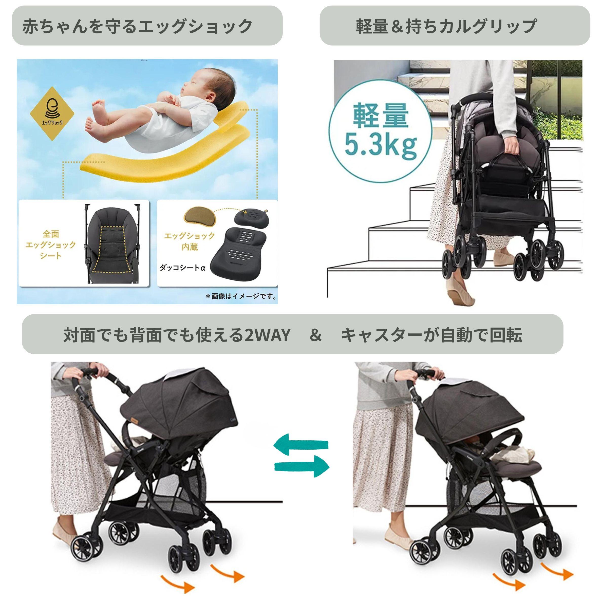 Combi スゴカルα compact　エッグショック (AWモデル)のエッグショック機能と持ちやすい軽量と反転するキャスターの様子