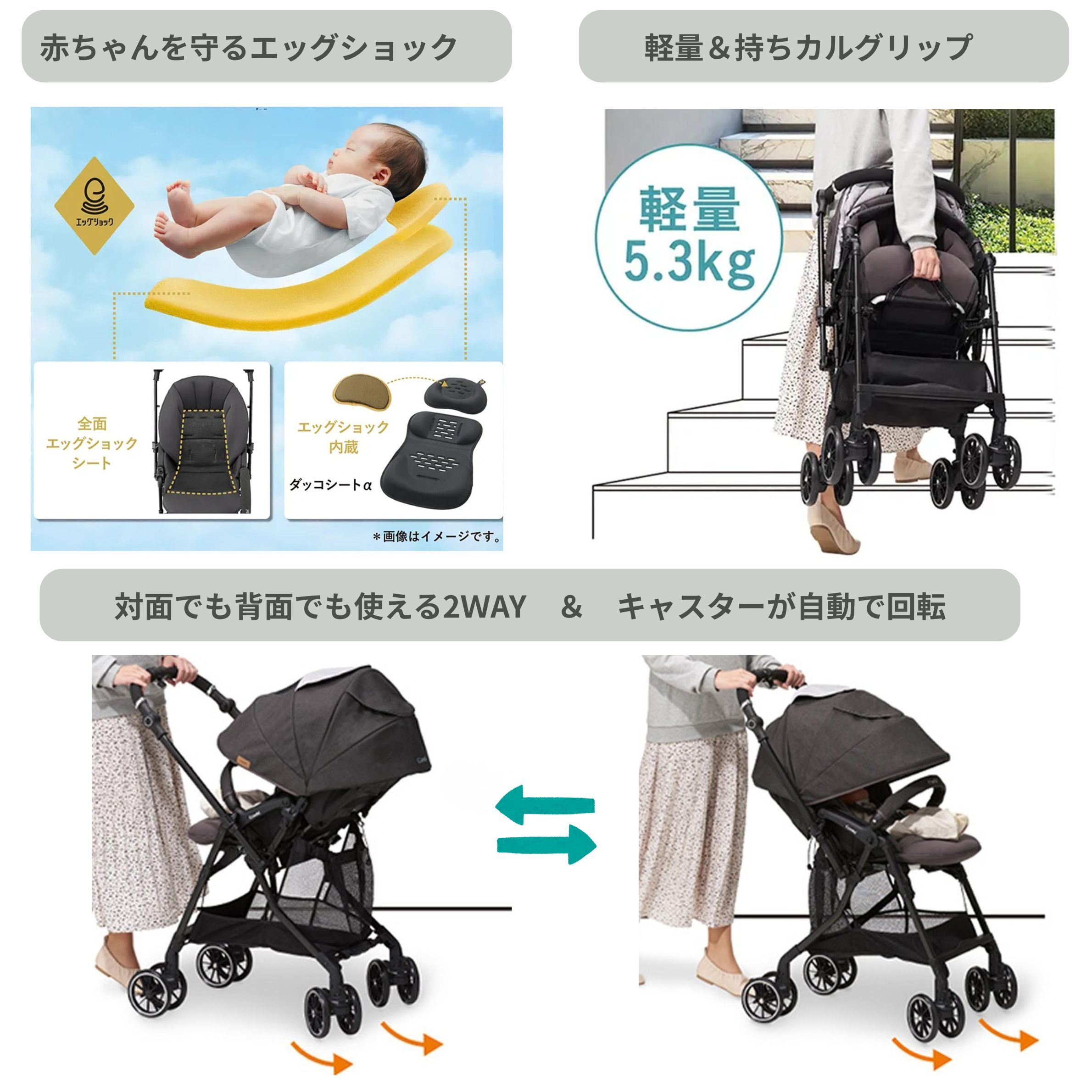 Combi スゴカルα compact　エッグショック (AWモデル)のエッグショック機能と持ちやすい軽量と反転するキャスターの様子