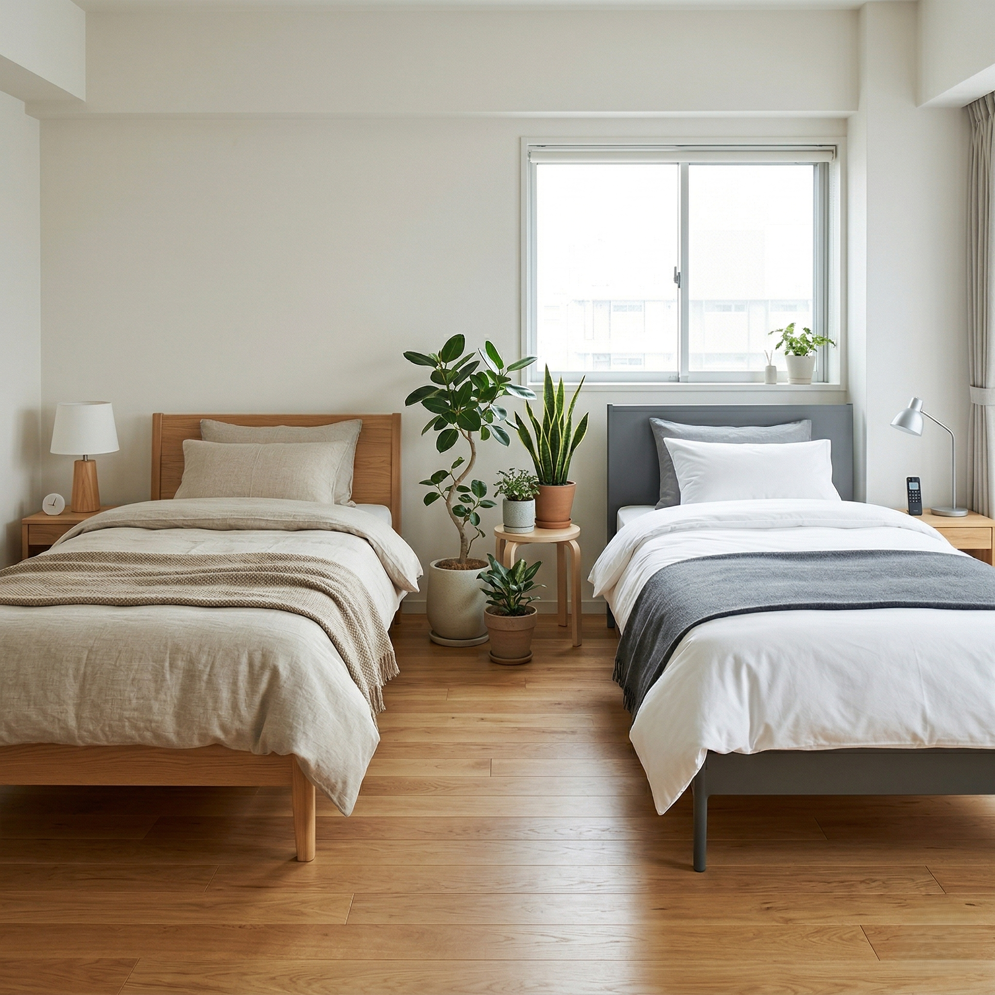 リムネマットレスで　毎日の睡眠で理想の休息を取れるシングル2台の夫婦の寝室