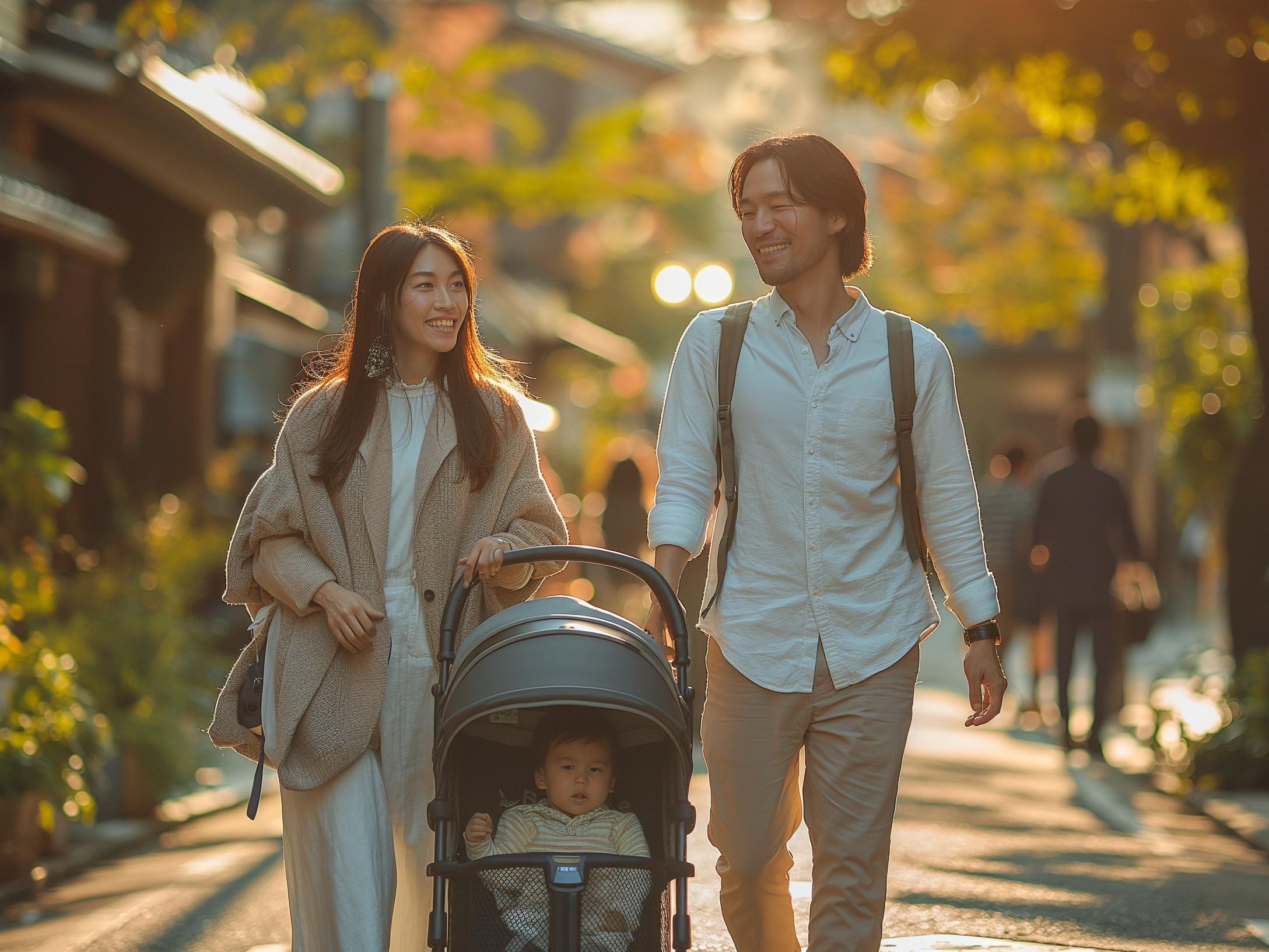 かわいい赤ちゃんと一緒に家族旅行を楽しむ夫婦