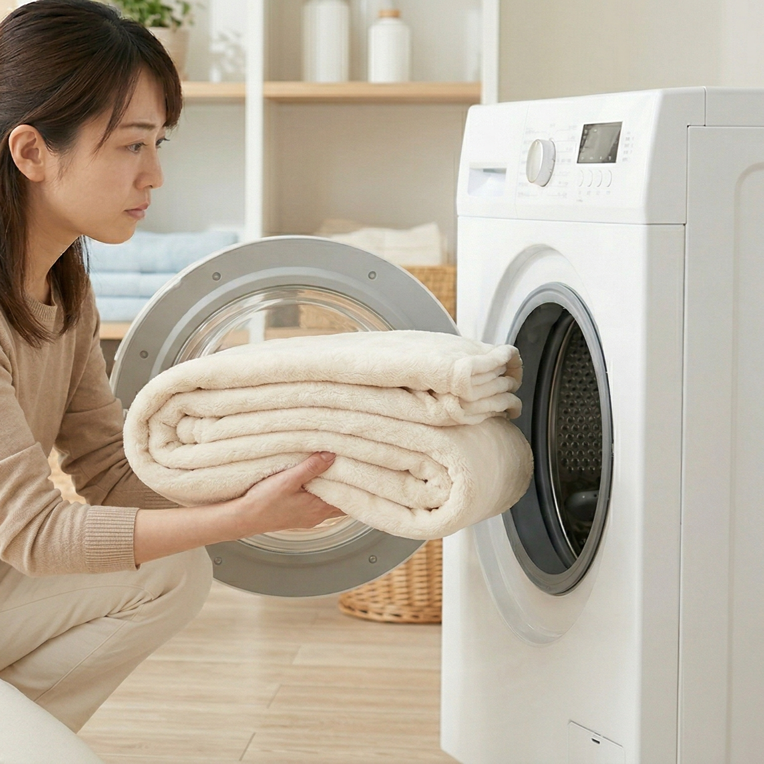 毛布が洗濯機にぎゅうぎゅう　入らないので困っている女性