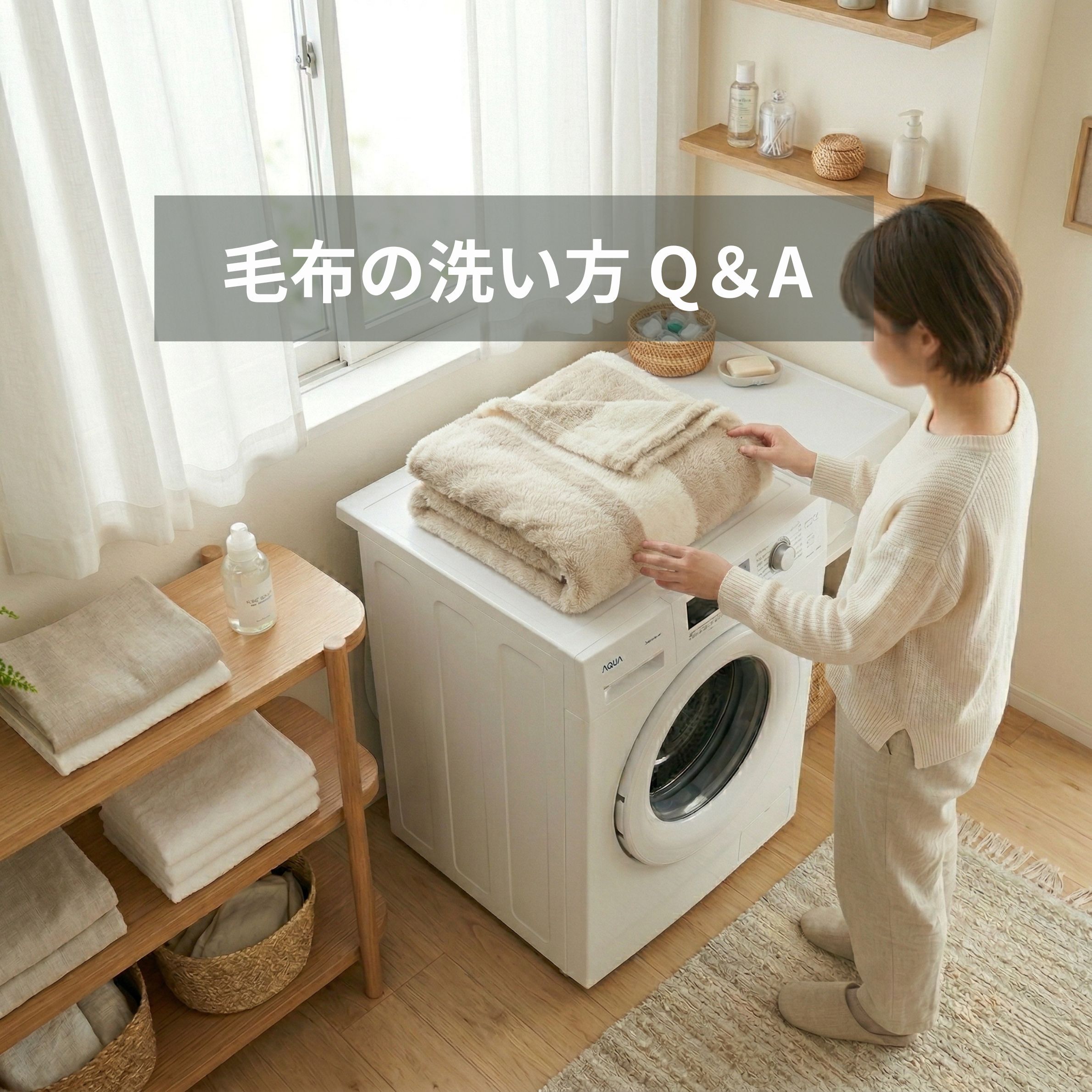 毛布を洗濯機で洗おうとしている女性